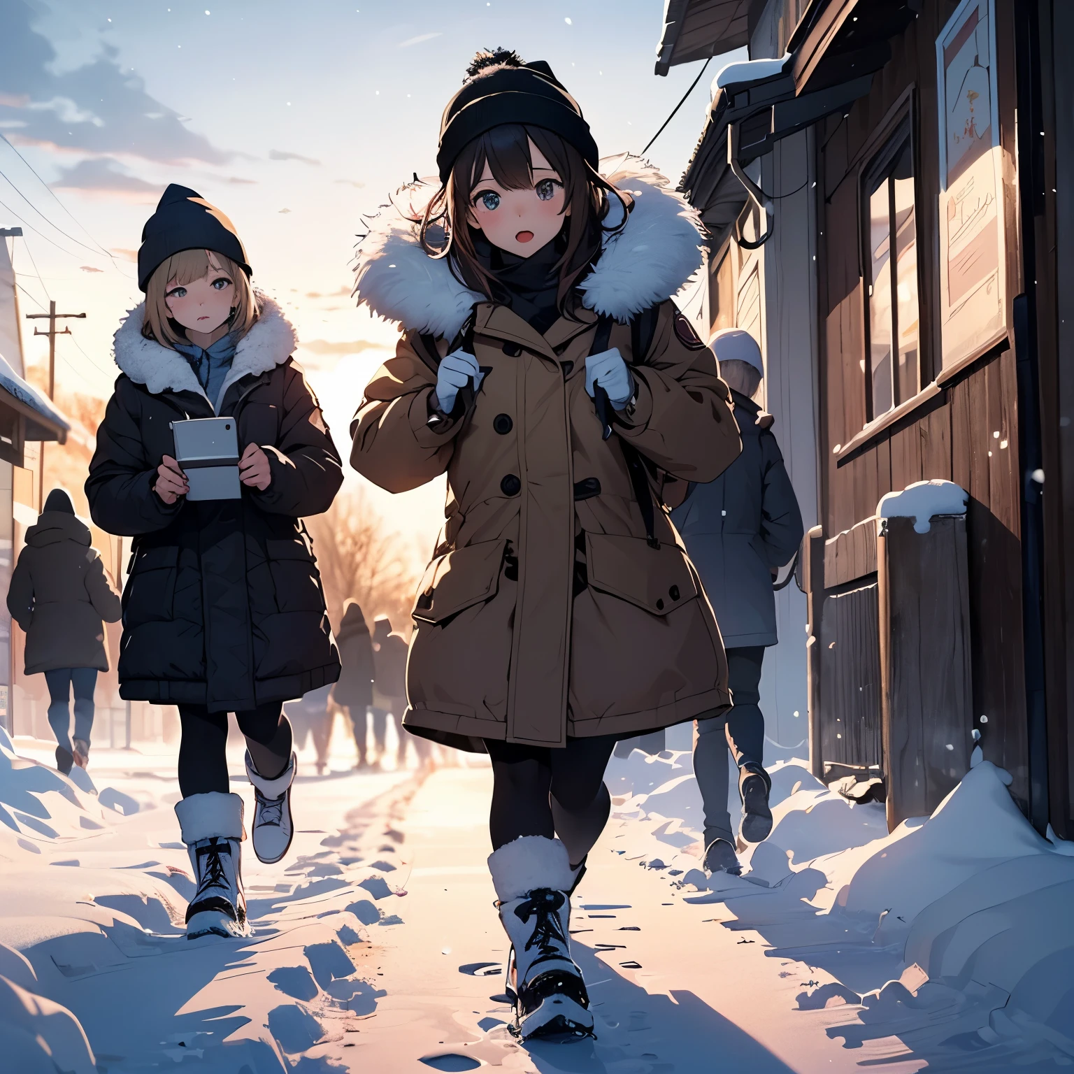 A harsh winter scene, the world covered with snow, boys and girls in thick coats standing,they are Heading to the entrance exam strong footprints stamping on the snow at their feet, determination to move forward, a look of strong will that defies the winter cold, and a warm light in the sky that seems to signal the end of winter, close up