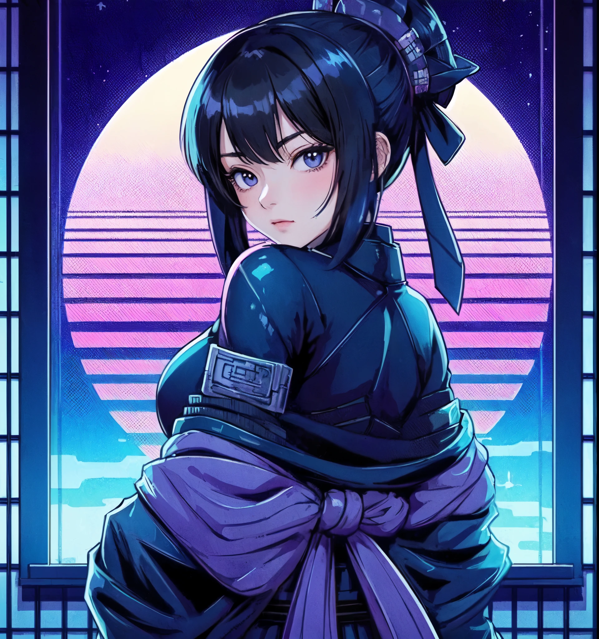 1lady solo, (looking back) (from behind), kunoichi (ninja outfit:1.2), (katana sword), mature female, /(black hair/) bangs, cool expression, (masterpiece best quality:1.2) delicate illustration ultra-detailed, medium breasts BREAK (vaporwave:1.2), (vaporwave aesthetic), (vaporwave-toned background) BREAK (Japanese room) indoors, (shoji screens:1.2), moon moonlight, detailed background