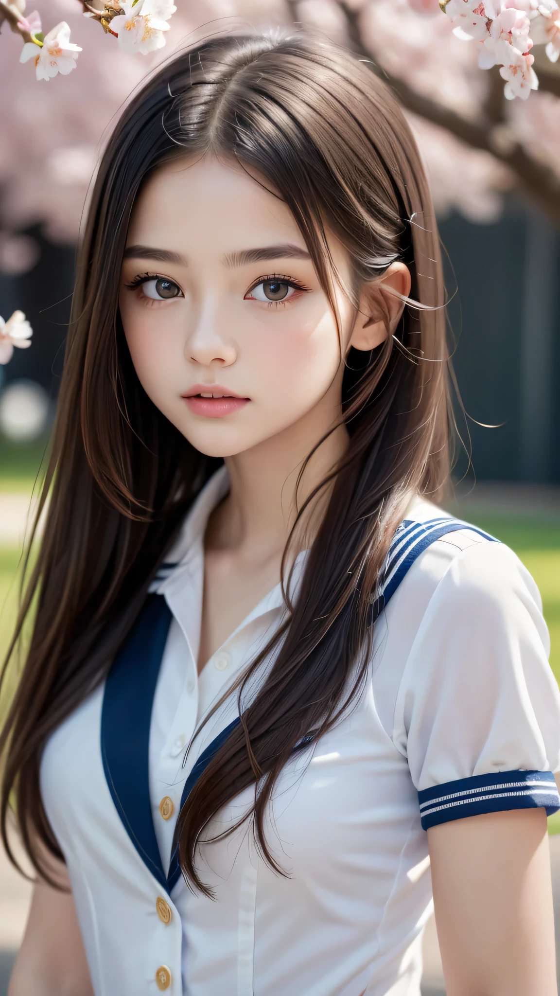 (1young girl), Amazing face and eyes, (amazingly beautiful girl), (Best Quality:1.4), (Ultra-detailed), (extremely detailed CG unified 8k wallpaper), Highly detailed, High-definition raw color photos, Professional Photography, sailor uniform, school uniform, School, Spring, cherry blossoms,