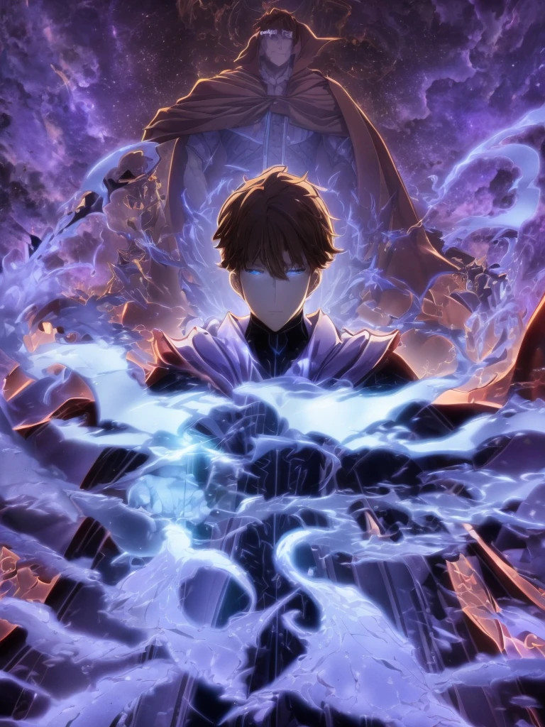 ultra HD 8k best quality,ultra-detailed,realistic:1.37,portrait,dark fantasy,anime,solo leveling,heroic character, one boy,Brown eyes, Brown hair, overcoat with hood, sharp focus,magical powers,mysterious aura,dynamic pose,threatening expression,glowing eyes,demonic presence,grim reaper cloak,detailed armor,enchanted weapon,dark background,eerie lighting,blue color palette,smoke effects,action scene,high contrast,fluid brush strokes,masterpiece:1.2