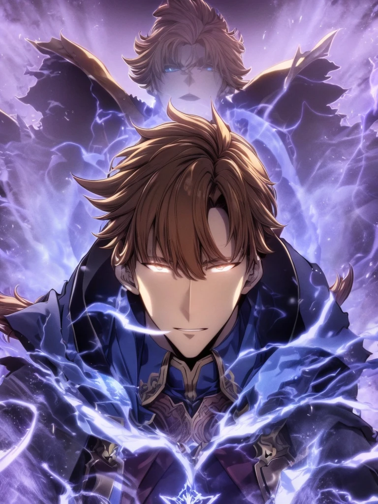 ultra HD 8k best quality,ultra-detailed,realistic:1.37,portrait,dark fantasy,anime,solo leveling,heroic character, one boy,Brown eyes, Brown hair, overcoat with hood, sharp focus,magical powers,mysterious aura,dynamic pose,threatening expression,glowing eyes,demonic presence,grim reaper cloak,detailed armor,enchanted weapon,dark background,eerie lighting,blue color palette,smoke effects,action scene,high contrast,fluid brush strokes,masterpiece:1.2