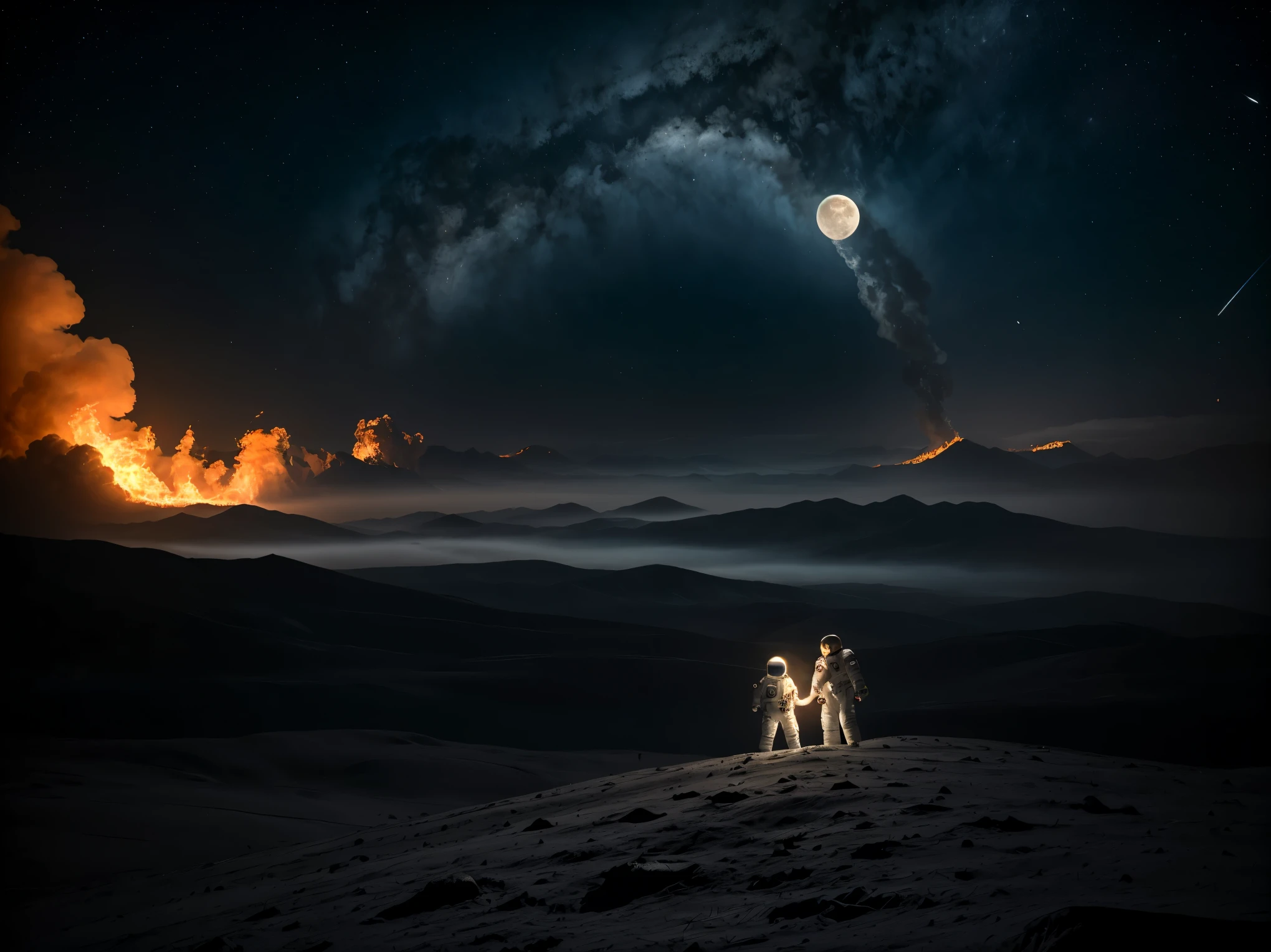 Schaffe ein eindrucksvolles Bild von einem einsamen Astronauten, who stands on the moon and looks at the earth with a sad look. Show the earth in a gloomy light, where signs of climate change are visible in the form of fires and clouds of smoke. Give the scene an epic atmosphere, by emphasizing the size of the moon and the vulnerability of the earth. The colors were intended to capture both the cold of space and the intense glow and smoke on Earth. Let the astronaut appear as a symbol of humanity in this lonely and depressing environment.
