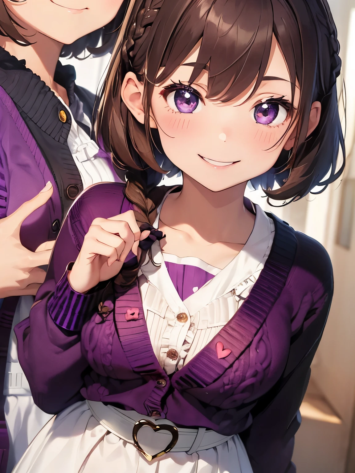 character//1 girl,(light brown hair:1.3),(brown eyes),(With bangs),((Braided shorthair)),(eye size:1.5),BREAK//((Cassis color knit cardigan:1.3)),BREAK//((white dress with frills)),BREAK//((Black belt:1.2)),BREAK//((Make your fingers into a heart shape)),(slight blush),(Staring at me with a cute smile:1.3),BREAK//((lots of chocolate)),((Cute POP and casual background)),((colorful and happy atmosphere)),((close up of face)),