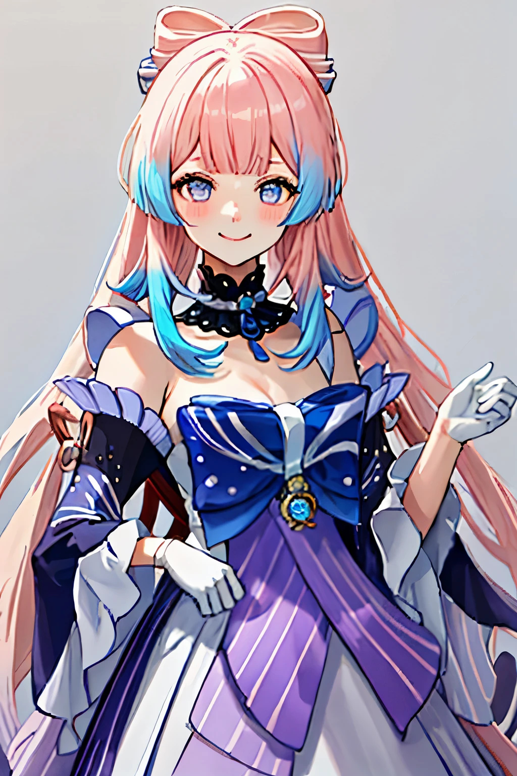 best quality, Masterpiece, height, alone, {maid:1.40}, {long maid dress:1.15}, {Sankonomiya_kokomi_genshin:1.15}, smooth, long_hair, pink_hair, multicolored_hair, bow-shaped_hair, purple_eyes, blunt_smooth, hair_decorations, bow, Blush, smile, light blue_hair, chest, color gradient_hair, light blue_eyes