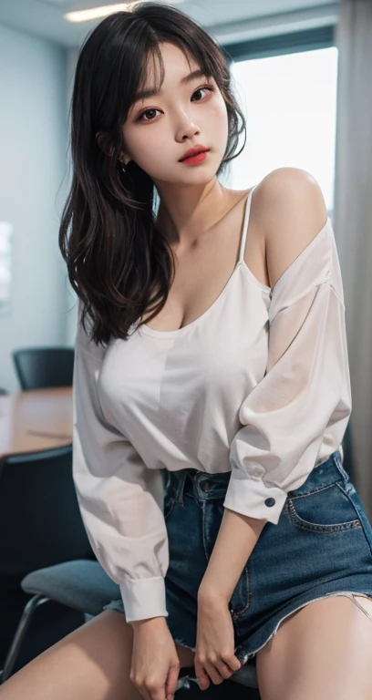 Open shirt, (((Leaning forward))), ((Round face, Around ,mini skirt、loose breast)), Long Hair, , Natural Makeup, Lips become thicker, Sweet gaze, barefoot, ((Spread your legs)), Shooting from below,Gentle expression ,((Extremely precise and accurate anatomy)), (masterpiece:1.43), Perfect Proportions, Realistic photos, Full Shot, whole body, (height: 157cm),