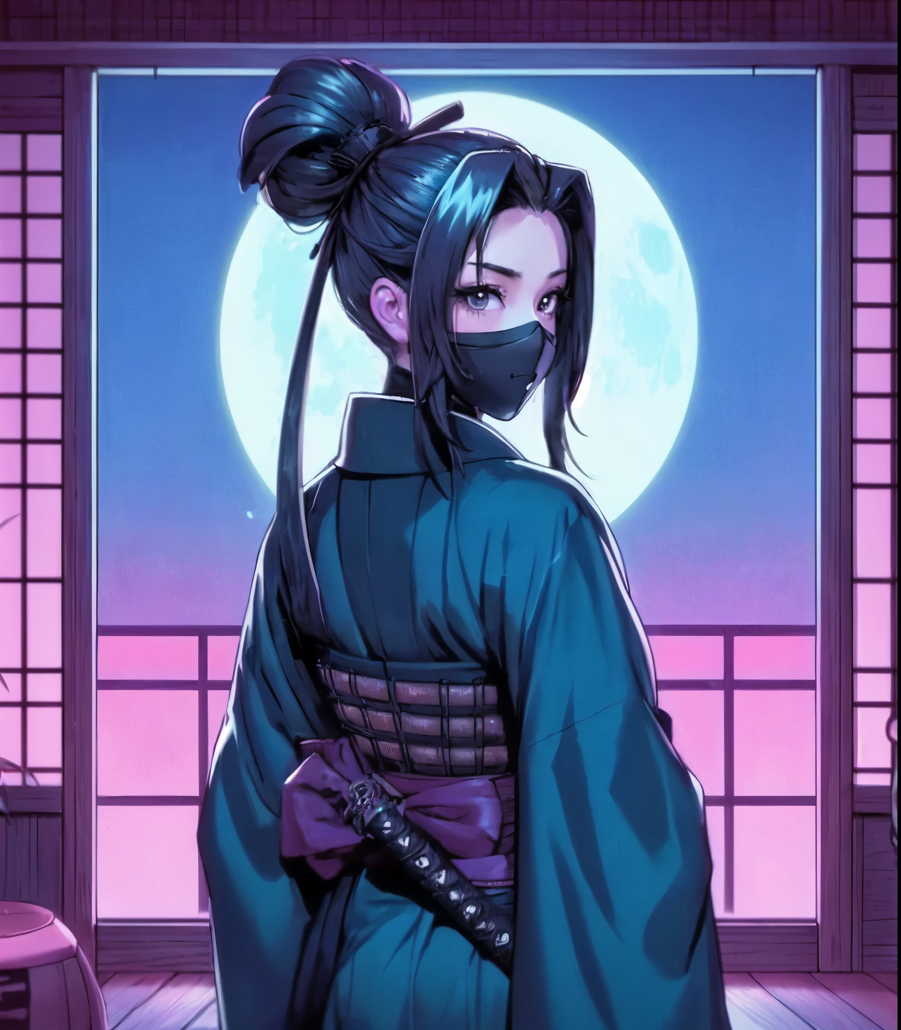1lady solo, (looking back) (from behind), kunoichi (ninja outfit:1.2) (mask:1.1), (katana sword), mature female, /(black hair/) bangs, cool expression, (masterpiece best quality:1.2) delicate illustration ultra-detailed, medium breasts BREAK (vaporwave:1.2), (vaporwave aesthetic), (vaporwave-toned background) BREAK (Japanese room) indoors, (shoji screens:1.2), moon moonlight, detailed background