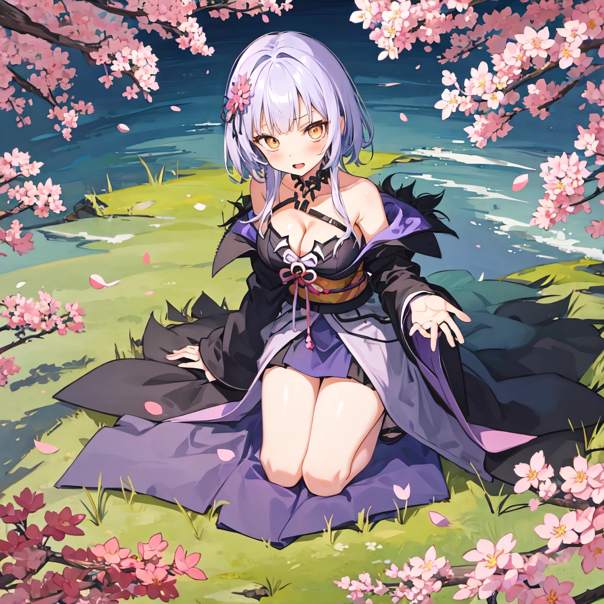 masterpiece,1 girl,alone,Update,bandage,Update,split,bare shoulders, kimono,(kneeling:1.2),blush,open mouth,Cherry blossoms, Grass,