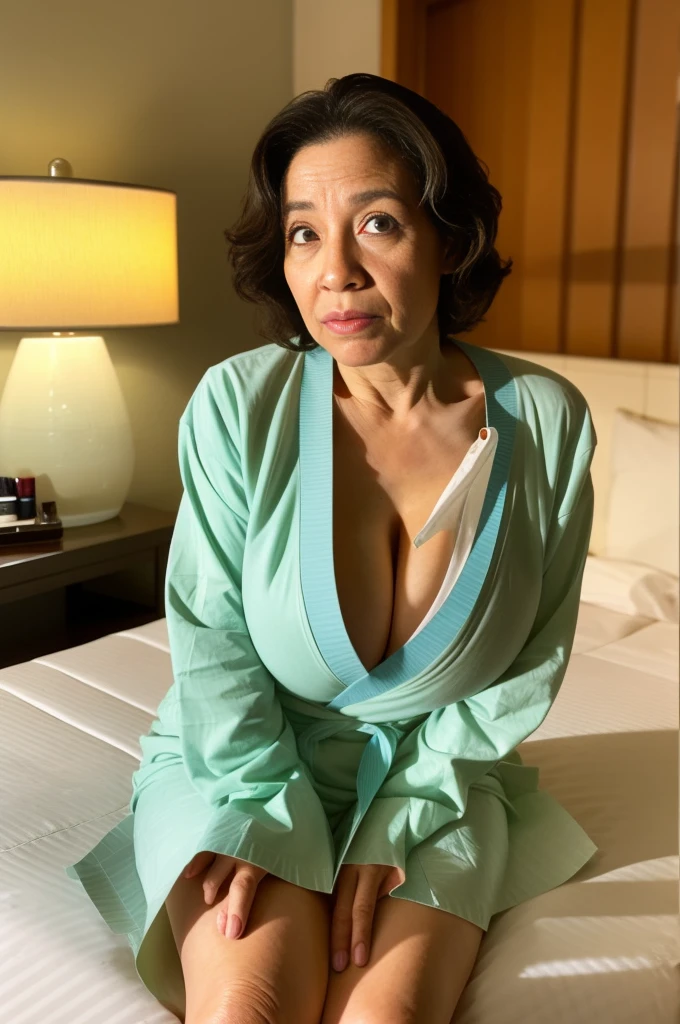 masterpiece, best quality, 16K, hotel, old woman, interior photo, shy, embarrassed, flushed, flushing, flushed cheeks, flushed face, bashful, ashamed, blushing, sitting, legs spread, looking at viewer, front view, long hair, wave hair, black hair, eyes open,(makeup:1.31), (large breasts:1.32), (wrinkles corners eyes:1.48), (nasolabial:1.48), (old skin:1.48), pale skin, freckled skin, wrinkles skin, (old muscles:1.2), plump, (undone clothing), (bathrobe), piercing, necklace, 50-year-old, old, elderly, japanese, inside, in the bedroom, with a bed, with a window, at night, real person, ultra realistic photo, nsfw, full body shot, front view, dramatic lighting