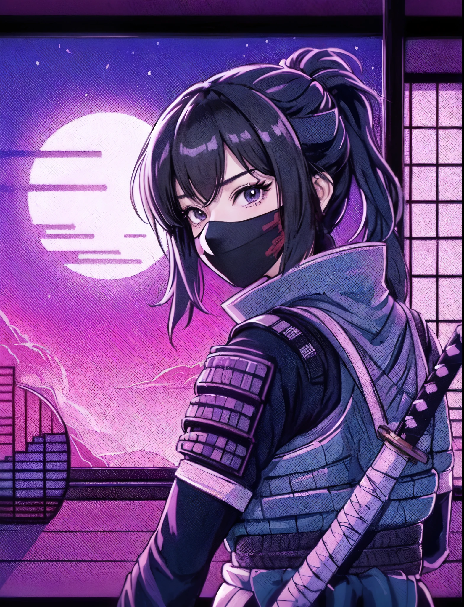 1lady solo, (looking back) (from behind), kunoichi (ninja outfit:1.2) (mask:1.1), (katana sword), mature female, /(black hair/) bangs, cool expression, (masterpiece best quality:1.2) delicate illustration ultra-detailed, medium breasts BREAK (vaporwave:1.2), (vaporwave aesthetic), (vaporwave-toned background) BREAK (Japanese room) indoors, (shoji screens:1.2), moon moonlight, detailed background