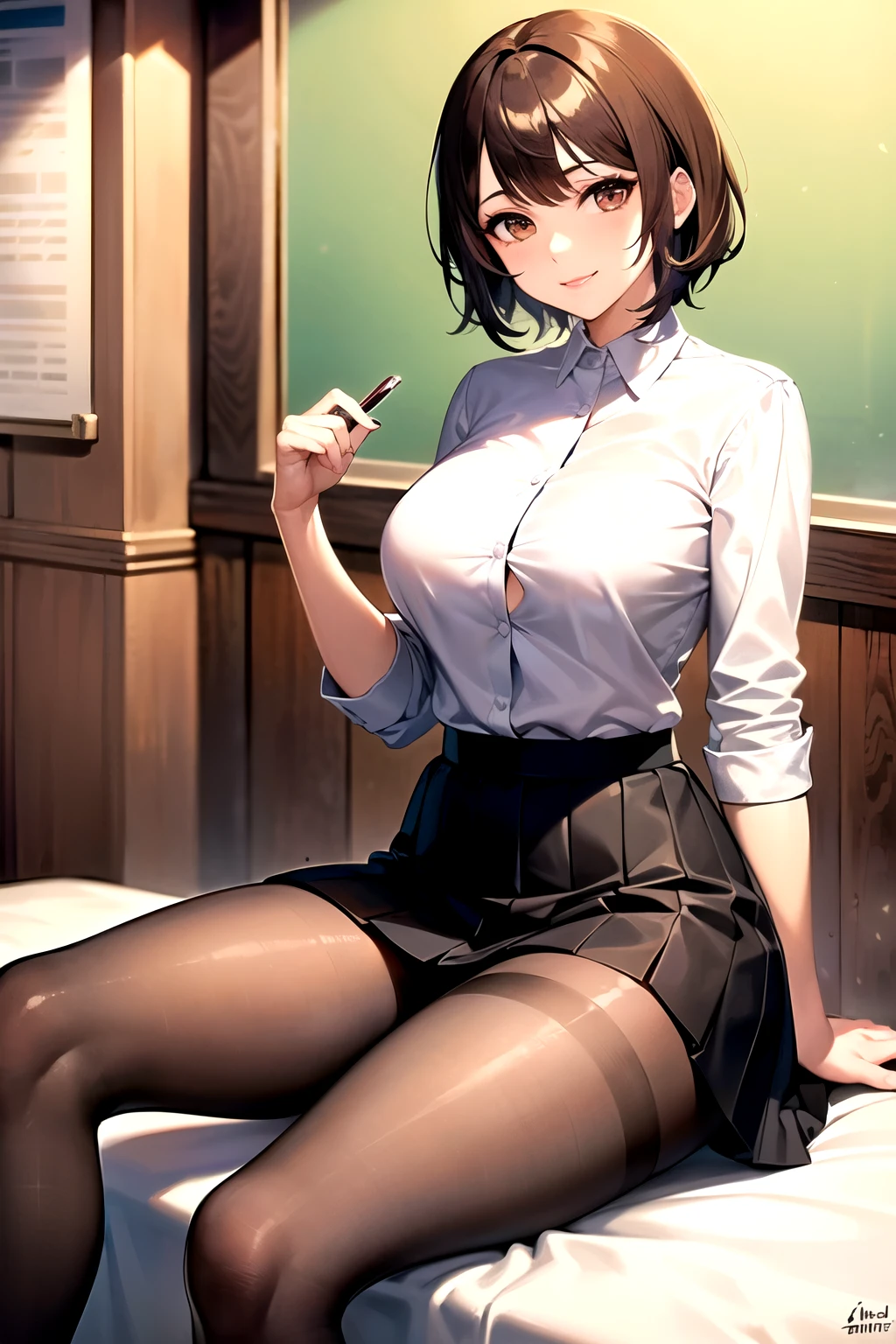 ((obra maestra)), ((Mejor cali She wears a skirt, brown eyes, a student with short brown hair Make her skirt striped Make her smile Make her wear pantyhose and have shiny thighs 