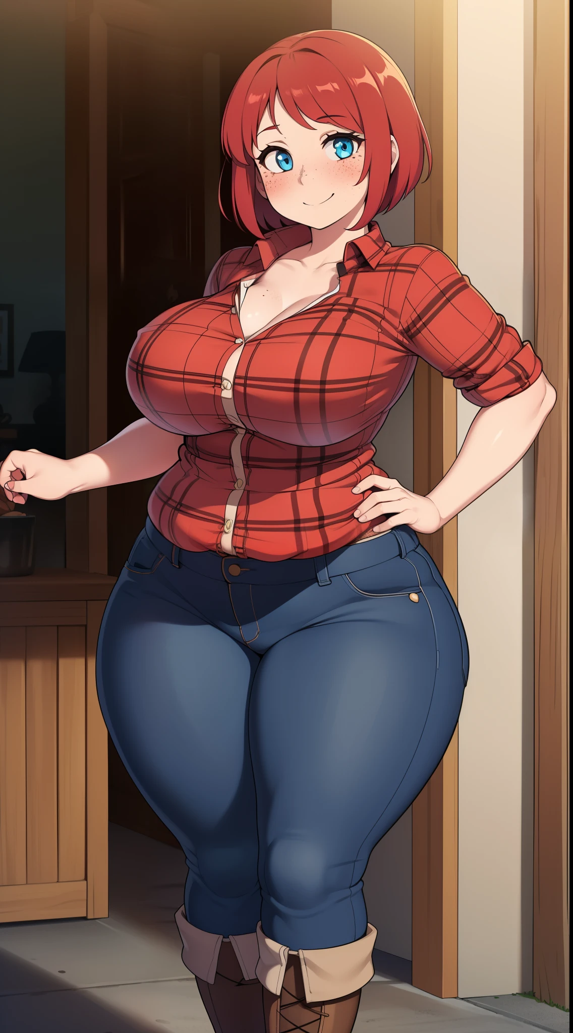 ((highres)), Masterpiece, high quality, best quality, beautiful, perfect lighting, detailed face, ultra cute face, ((1girl)), ((solo), short red hair, fluffy hair, blue eyes, freckles, (blush), affectionate smile, looking at viewer, hand on hip, arm at side, farm, daytime, flannel shirt, jeans, (tight clothes), boots, (large breasts), perky breasts, wide hips, (thick thighs), pudgy,