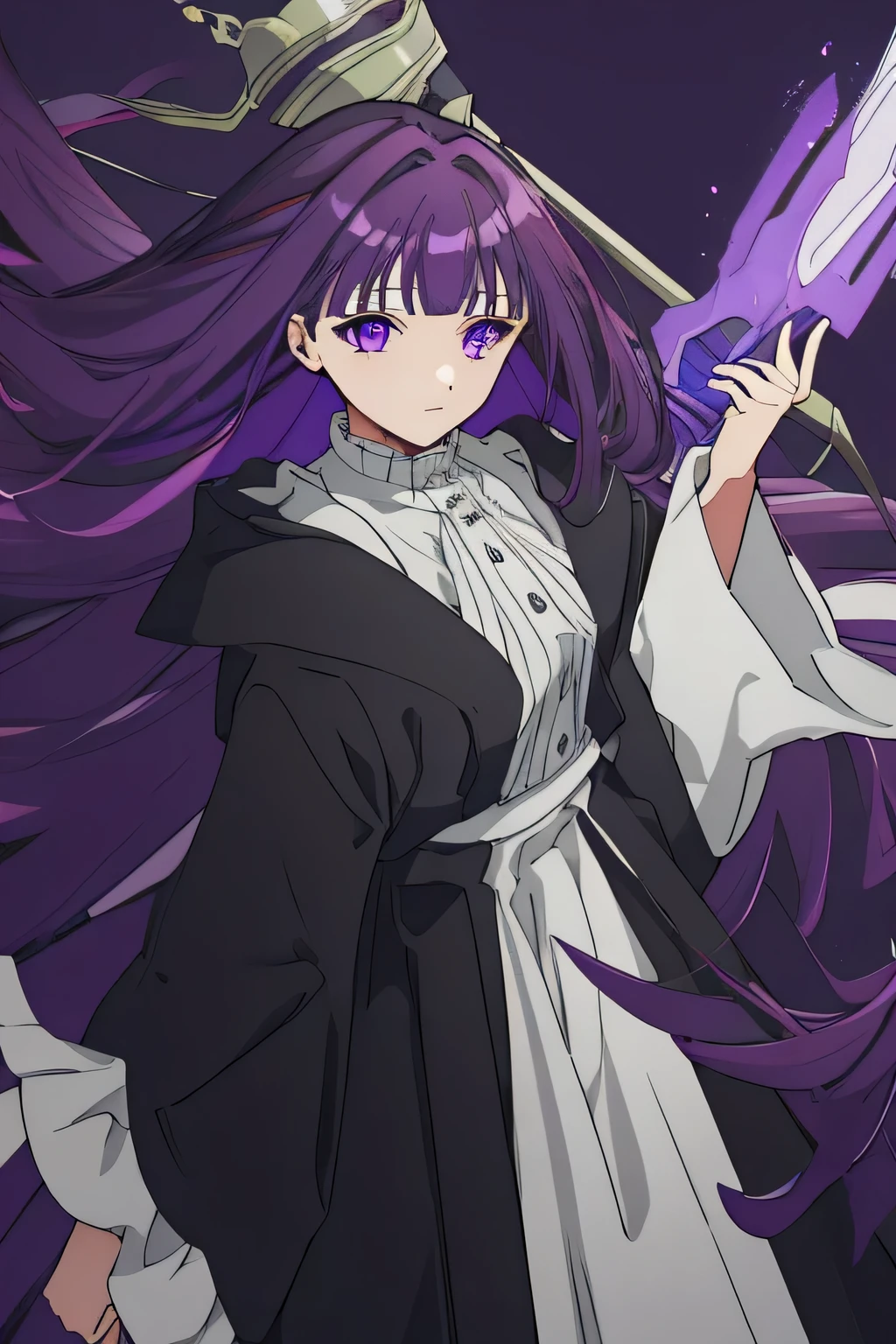 1 girl,alone,purple hair,long hair,purple eyes,blunt bangs,side lock,Half hammerhead shark,bright pupils, hair accessories,Ruffled collar,black robe,white dress,centerpiece,buttons,wide sleeves,long sleeves,fall,flowing hair,staff,flowing robe,flowing skirt