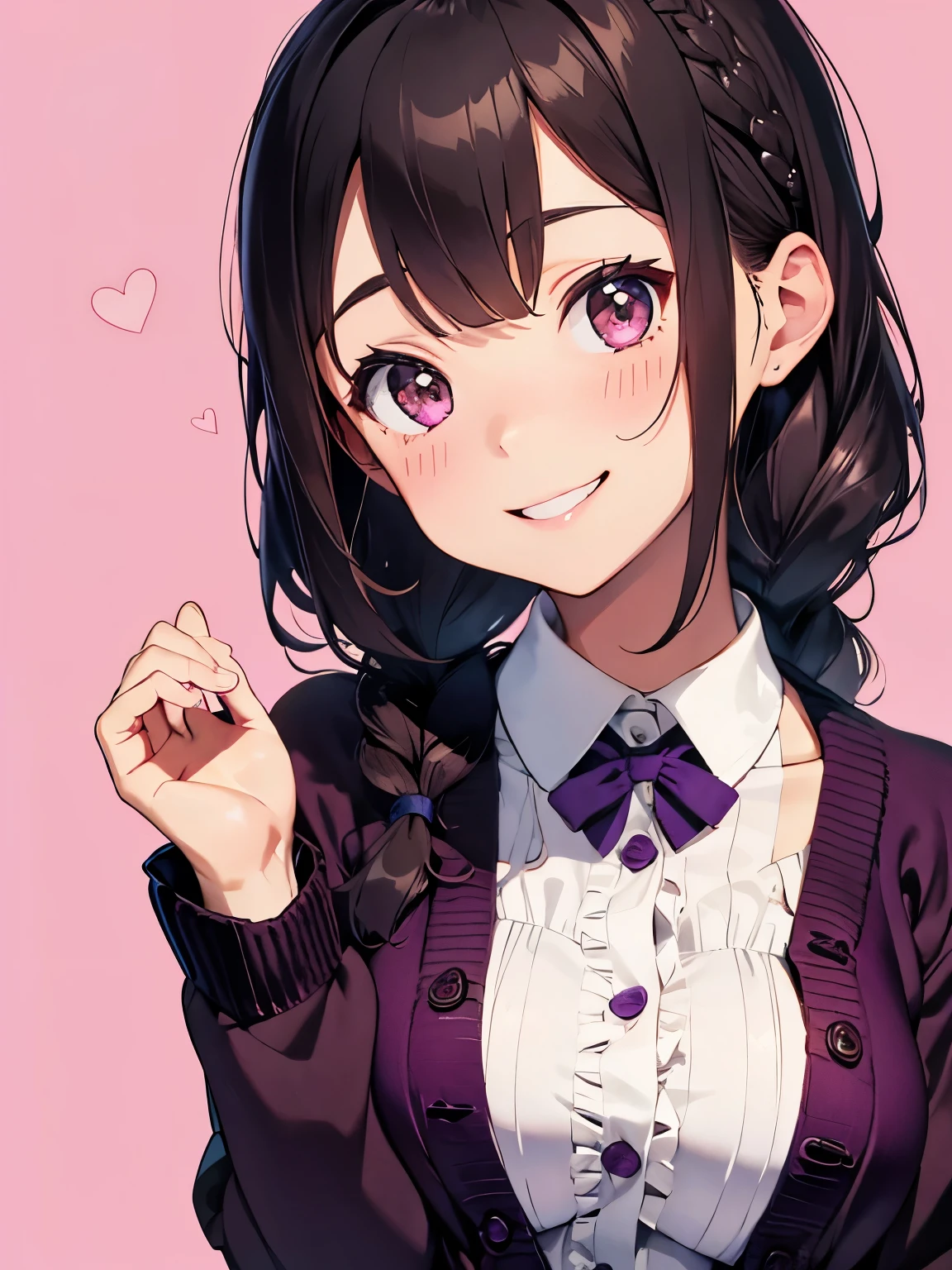 character//1 girl,(slightly brown hair:1.3),(brown eyes),(With bangs),((Braided shorthair)),(eye size:1.5),BREAK//((Cassis color knit cardigan:1.3)),BREAK//((white dress with frills)),BREAK//((Black belt:1.2)),BREAK//((hands in the shape of a heart)),(slight blush),(Staring at me with a cute smile:1.3),BREAK//((lots of chocolate)),((Cute POP and casual background)),((colorful and happy atmosphere)),((close up of face)),