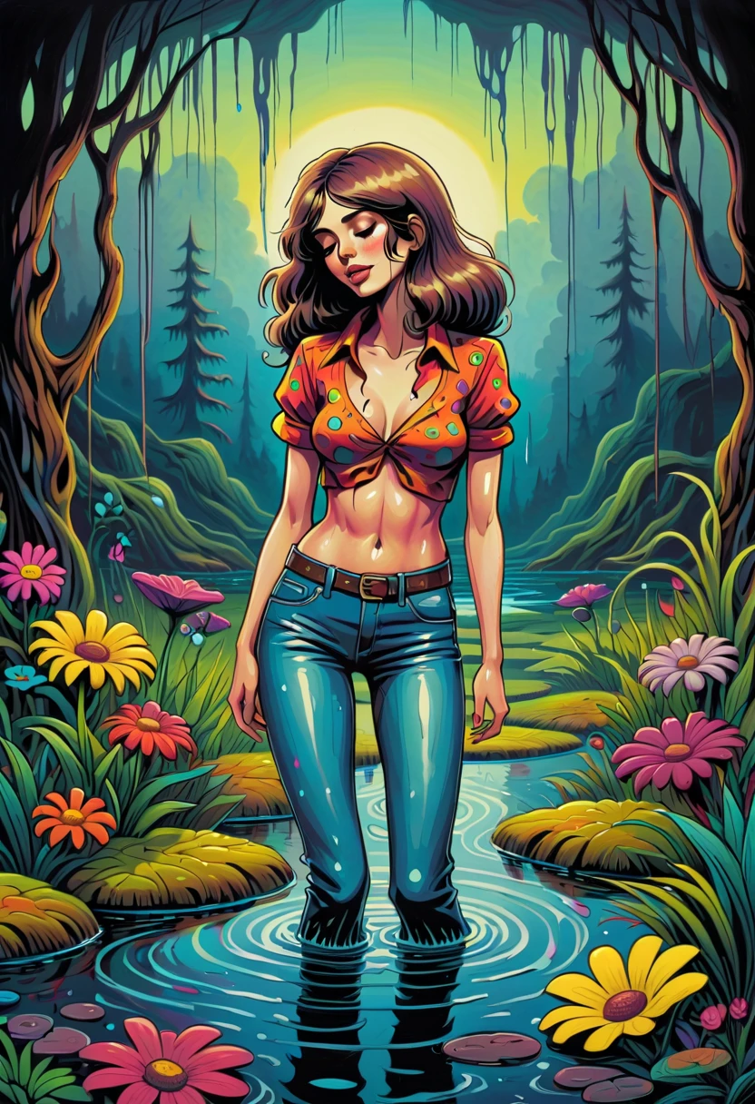 (cartoon,masterpiece:1.2), 70s setting, woman, wearing soaking wet muddy jeans, experiences sexual tension, drowning in bog, colorful psychedelic patterns, retro atmosphere, dark ambiance, teasing with her ass, oil painting, detailed flowing water, vibrant plants and flowers
