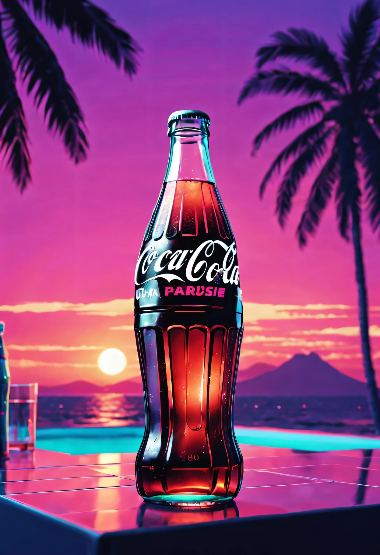 (best quality, high resolution, Super detailed, actual:1.37), Vaporwave aesthetic style Coca-Cola advertisement, 1 girl, 80s nostalgia, neon lights, Retro color, Retro CRT effect, Fault art, dreamy atmosphere, Palm tree, Sunset, Summer vibe, 3D rendering graphics, smooth surface, shiny metallic elements, Cyberpunk elements, pixel art, digital nostalgia, Cassette tape, VHS tape, lo-fi music, statuesque model, glass bottle, sparkling soda, Refreshing drink, tropical paradise, futuristic font, aesthetic vision.