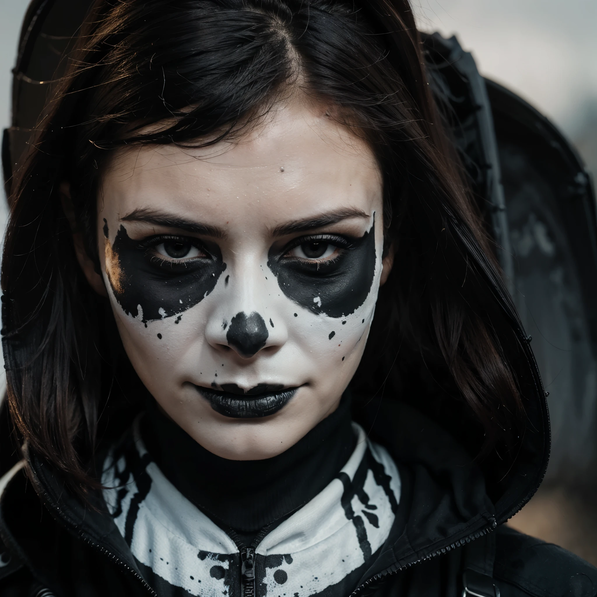 Young woman face with skull mask (white skull mask with black paint stains), portrait, cinematic, background explosions in fire, 4k, ultra realistic, photorealism, black vignette, high sharpness, photo, vivid colors, detailed