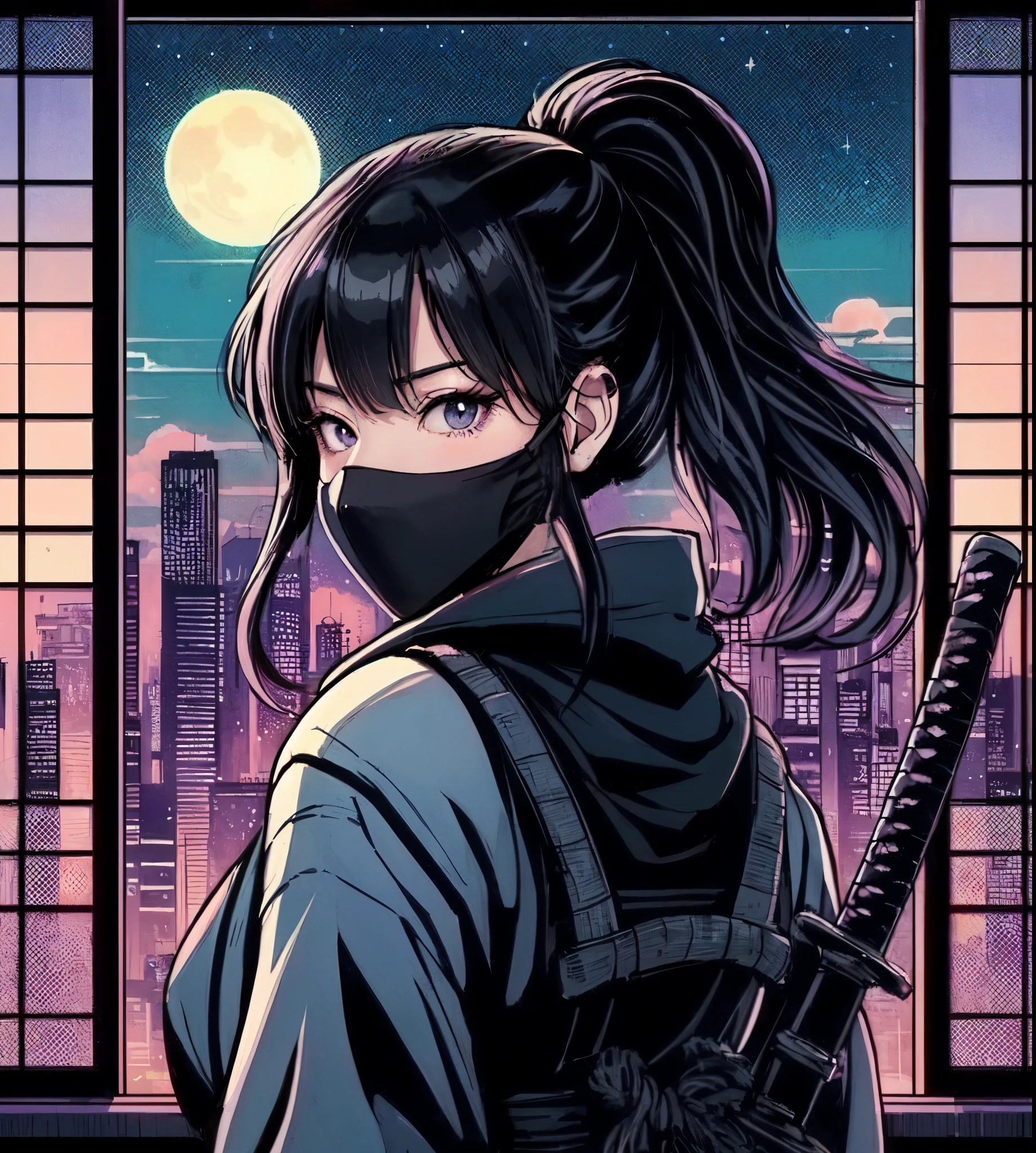 1lady solo, (looking back) (from behind), kunoichi (ninja outfit:1.2) (mask:1.1), (katana sword), mature female, /(black hair/) bangs, cool expression, (masterpiece best quality:1.2) delicate illustration ultra-detailed, medium breasts BREAK (vaporwave:1.2), (vaporwave aesthetic), (vaporwave-toned background) BREAK (Japanese room) indoors, (shoji screens:1.2), moon moonlight, cityscape, detailed background