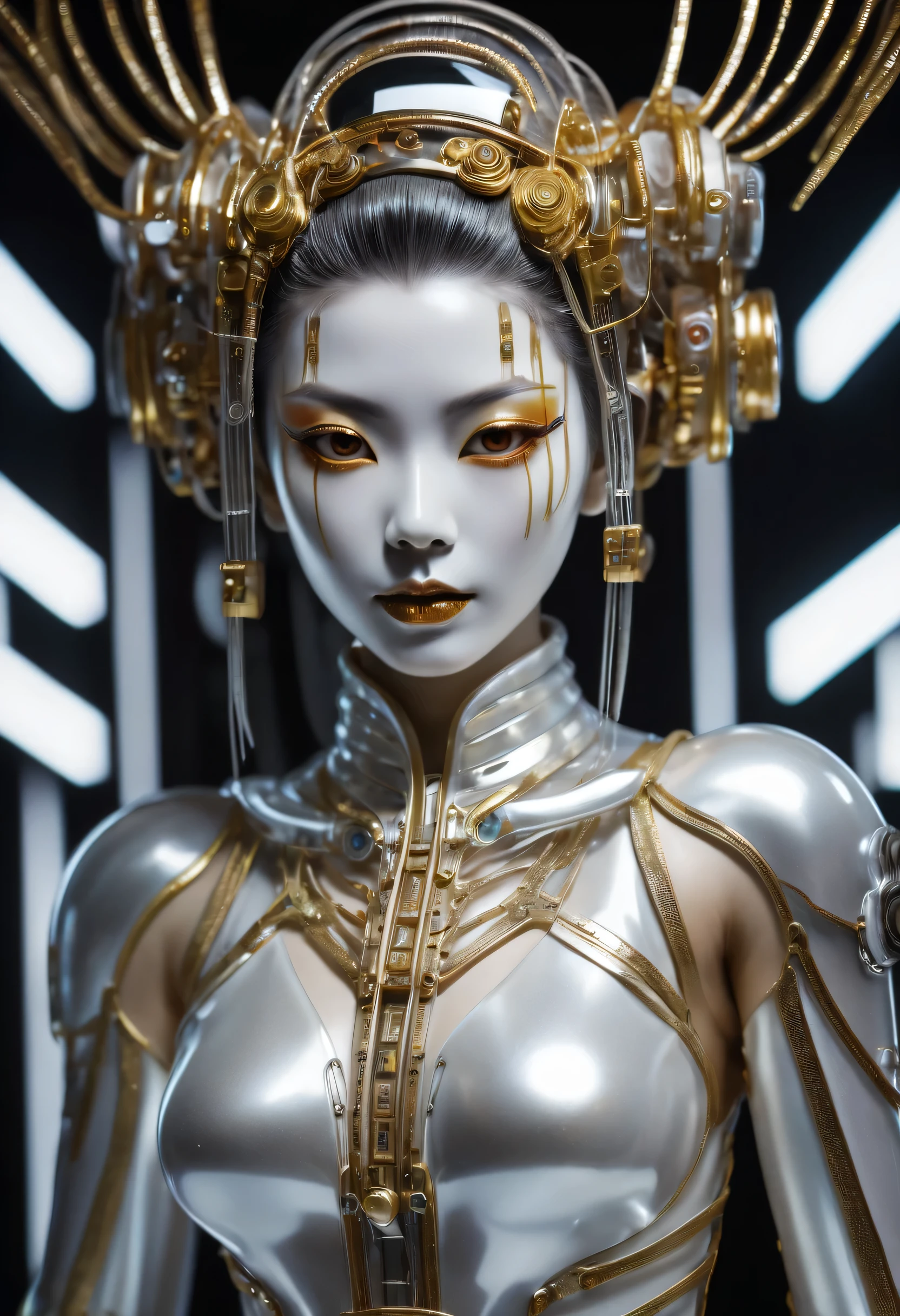 A photograph of mid-twenties Japanese female android made of shiny white and silver translucent glass and plastic, geisha makeup and hairstyle, silver metal internal body mechanisms, dynamic pose, flowing organic construction, glowing golden circuitry, colorful neon trim, glowing circuitry, neon trim, depth of field focus f/2.8, art by H.R. Giger, Greg Rutowski