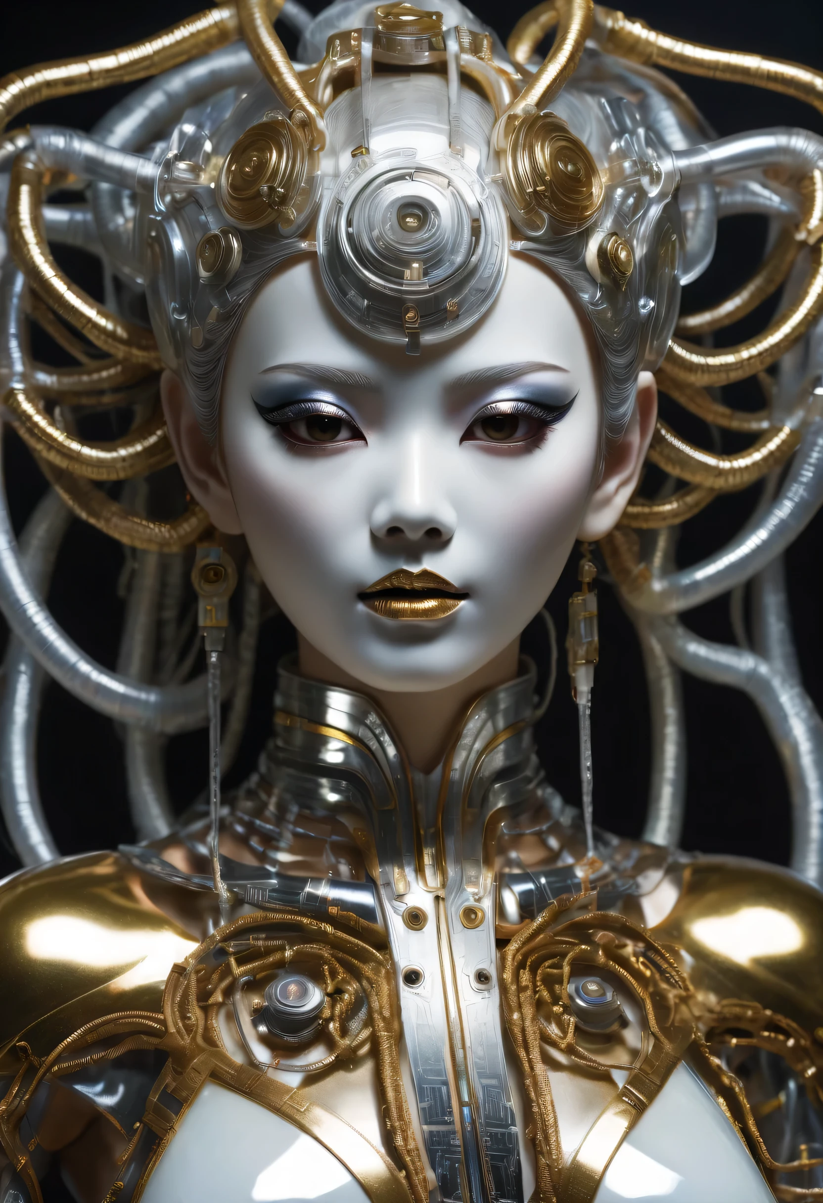 A photograph of mid-twenties Japanese female android made of shiny white and silver translucent glass and plastic, geisha makeup and hairstyle, silver metal internal body mechanisms, dynamic pose, flowing organic construction, glowing golden circuitry, colorful neon trim, glowing circuitry, neon trim, depth of field focus f/2.8, art by H.R. Giger, Greg Rutowski