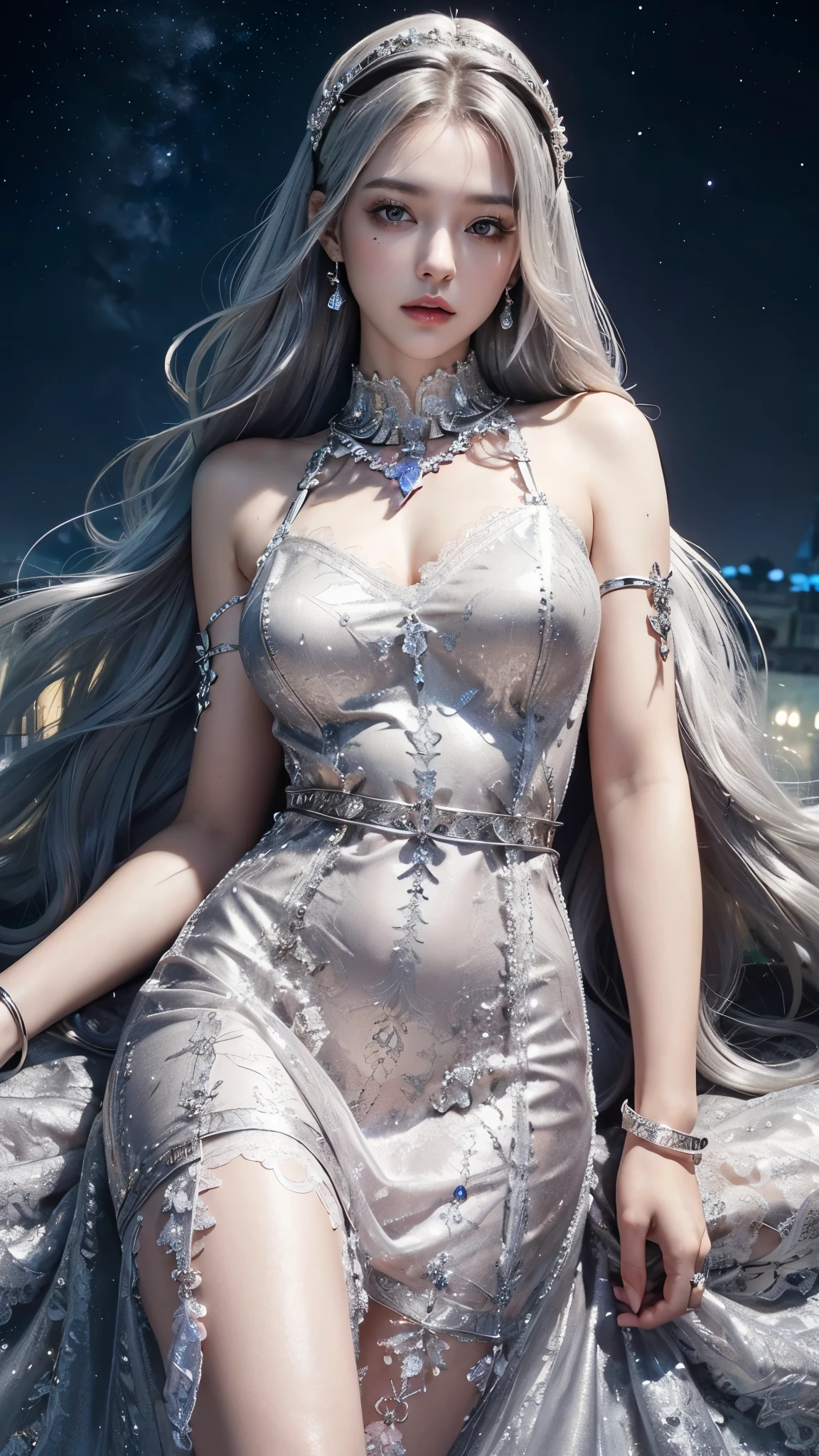 8K, ultra HD, masterpiece, realistic, 1 girl, good face, smoggy makeup, very long hair, princess hairstyle, detailed eyes, detailed lips, medium figure, very detailed dress, (silver dress:1.5), (strap:1.5), (lace:1.5), (net stocking:1), (jewelry:1.8), (disney castle), night sky, water, bloom lighting, night lighting, darkness, attractive poses,