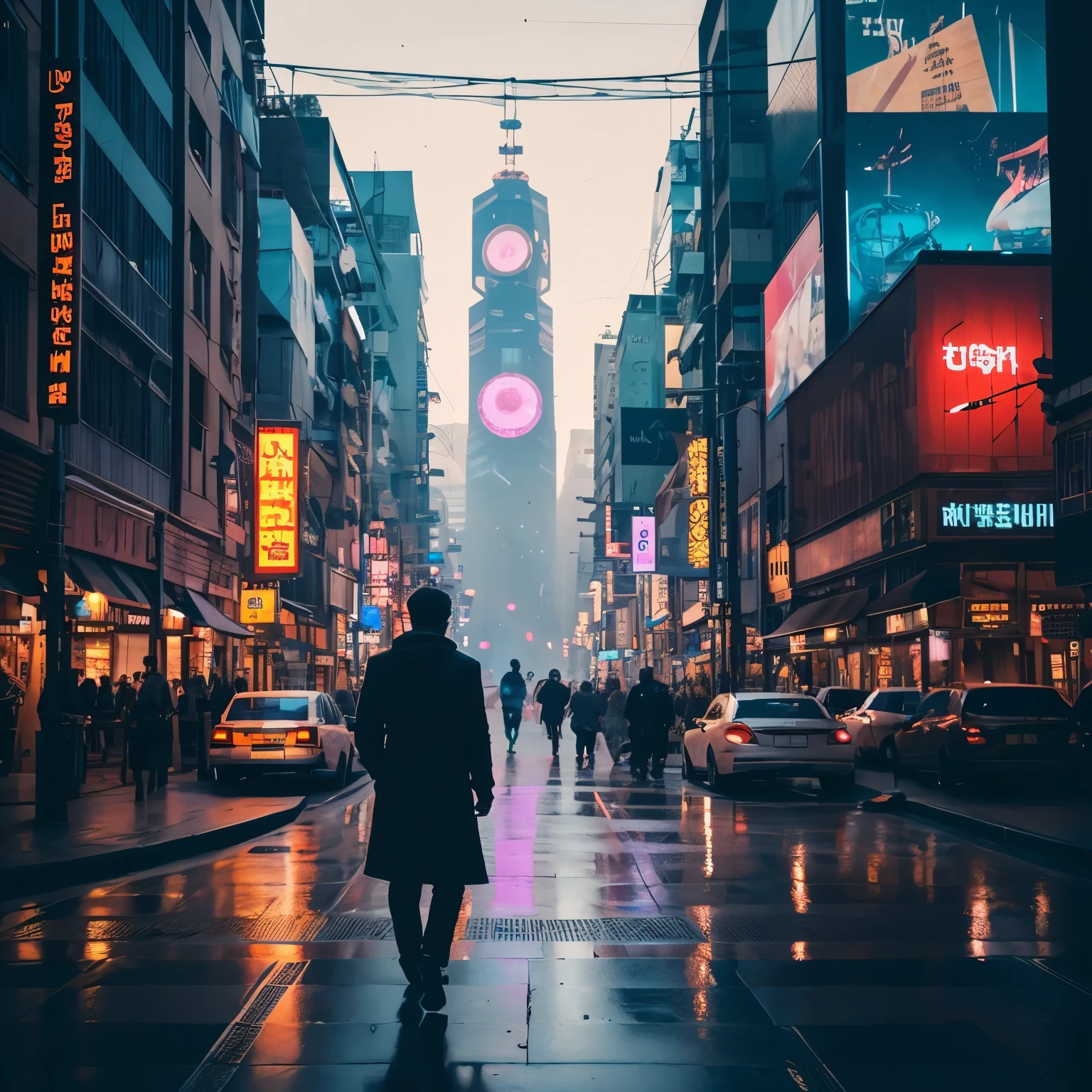 Man walking in the city at night with a large clock tower in the background々, In a futuristic cyberpunk city, Futuristic cyberpunk scenarios, Earth station and beeple are high, In a fantasy sci-fi city, sci-fi Cyberpunk cityscape, busy cyberpunk metropolis, 3d render beeple, beeple like a movie, Cyberpunk cityscape, Beeple style