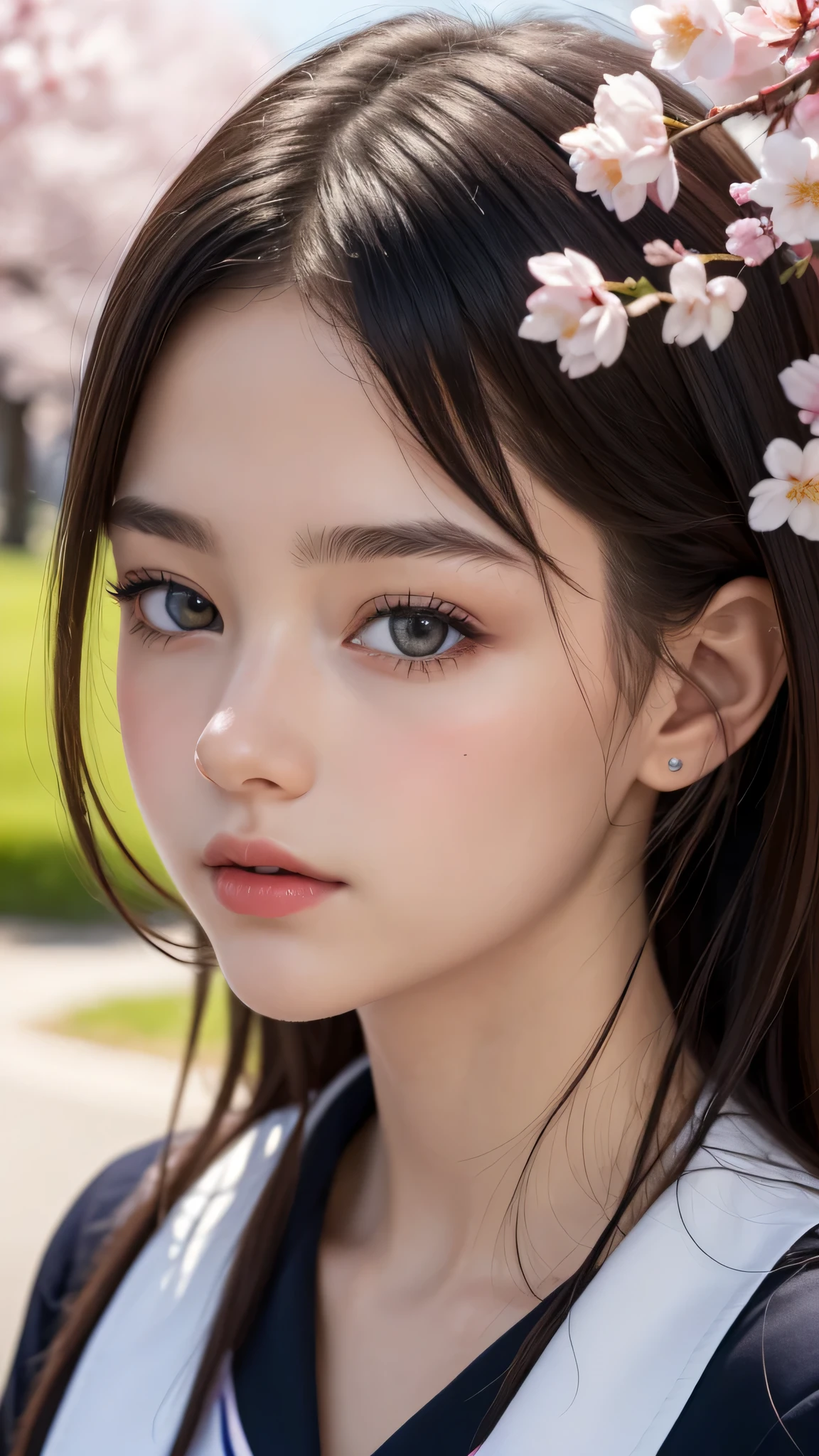 (1young girl), Amazing face and eyes, (amazingly beautiful girl), (Best Quality:1.4), (Ultra-detailed), (extremely detailed CG unified 8k wallpaper), Highly detailed, High-definition raw color photos, Professional Photography, sailor uniform, school uniform, School, Spring, cherry blossoms,