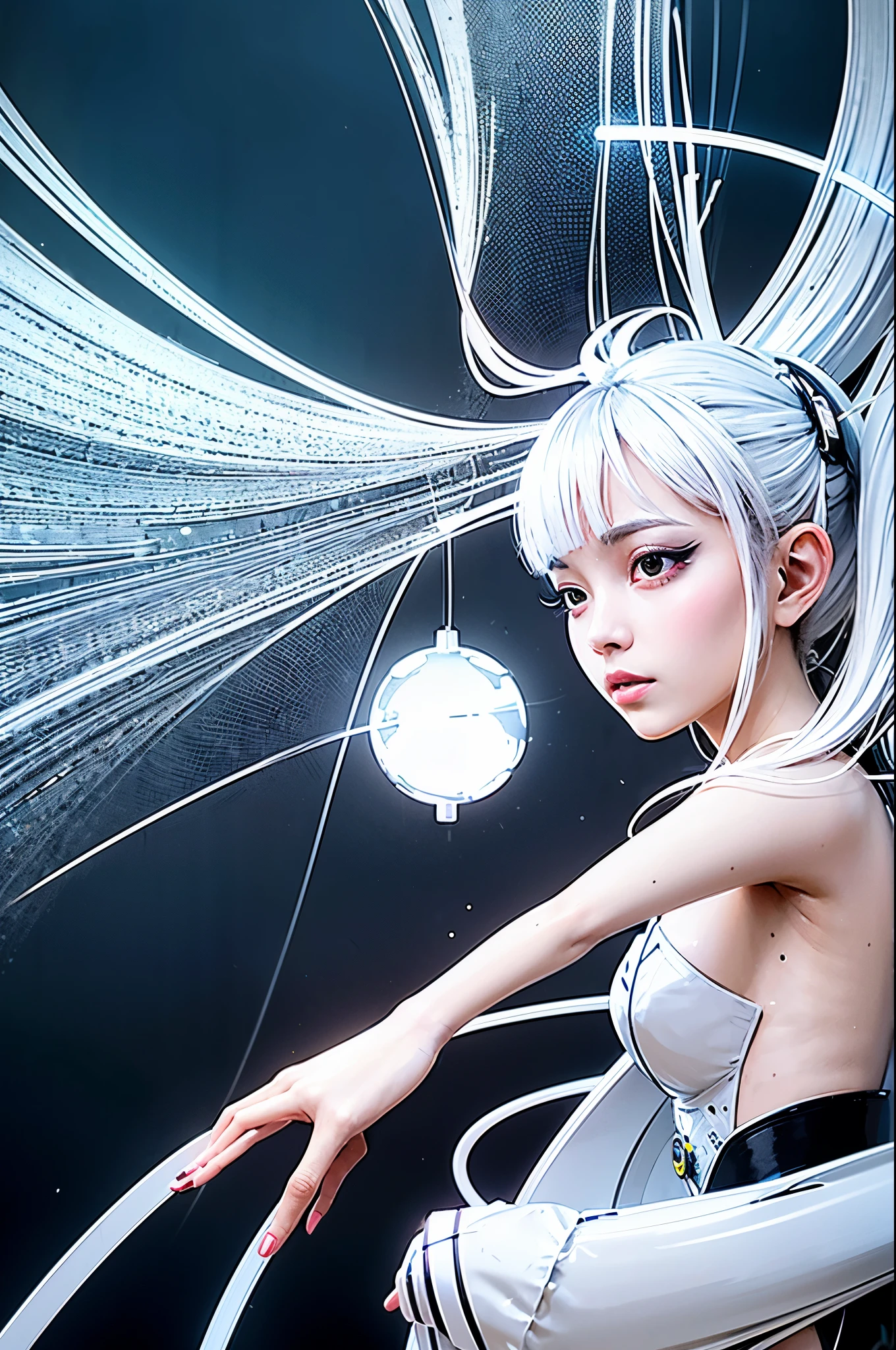 A photograph of mid-twenties Japanese female android made of shiny white and silver translucent glass and plastic, geisha makeup and hairstyle, silver metal internal body mechanisms, dynamic pose, flowing organic construction, glowing golden circuitry, colorful neon trim, glowing circuitry, neon trim, depth of field focus f/2.8, art by H.R. Giger, Greg Rutowski