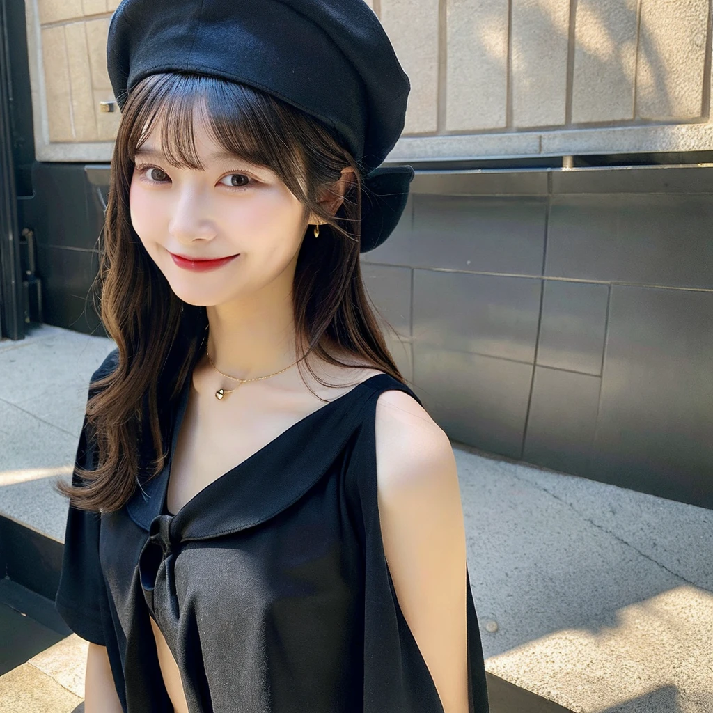 (masterpiece:1.2), (best quality:1.2), dark wizard girl, small breasts, neckline,.hat, facing forward, Smile,