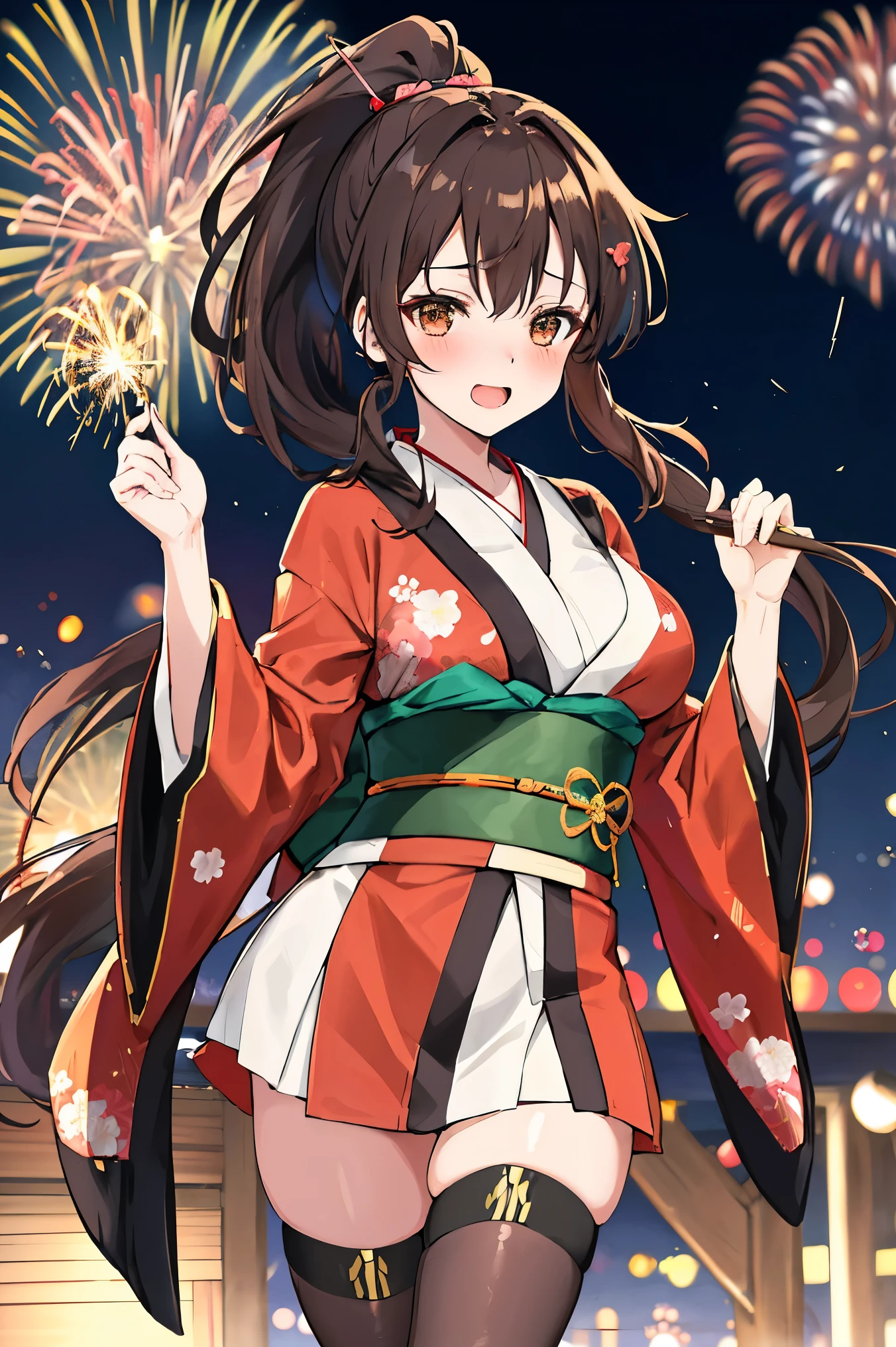 "anime girl, 1 person, dark brown hair, ponytail, ponytail, hairpin, brown eyes, kimono, dark brown kimono, elaborate patterned outfit, stockings, large breasts, blushing , solo, view from different directions, night, festival, New Year's Eve fireworks, watch fireworks (full HD Image 4K+)"