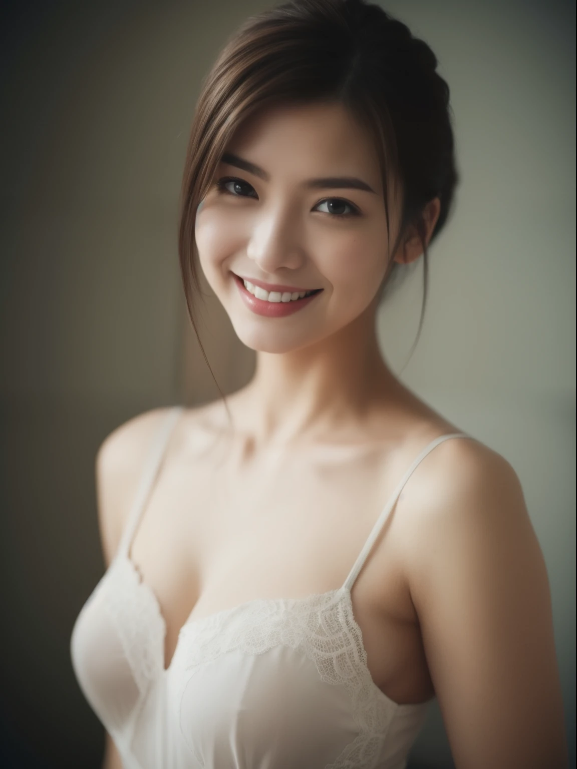 Beautiful 25 year old woman。she is wearing a satin camisole。Lace on the chest and hem.。She looks ecstatic as if she has reached an when fuckin dark brown hair、、her hair is long。High resolution、masterpiece、highest quality、Head w:1.0、((Hasselblad Photos))、fine skin、fine knit、(movie lighting)、clavicle . She is not looking at the camera. she is smiling