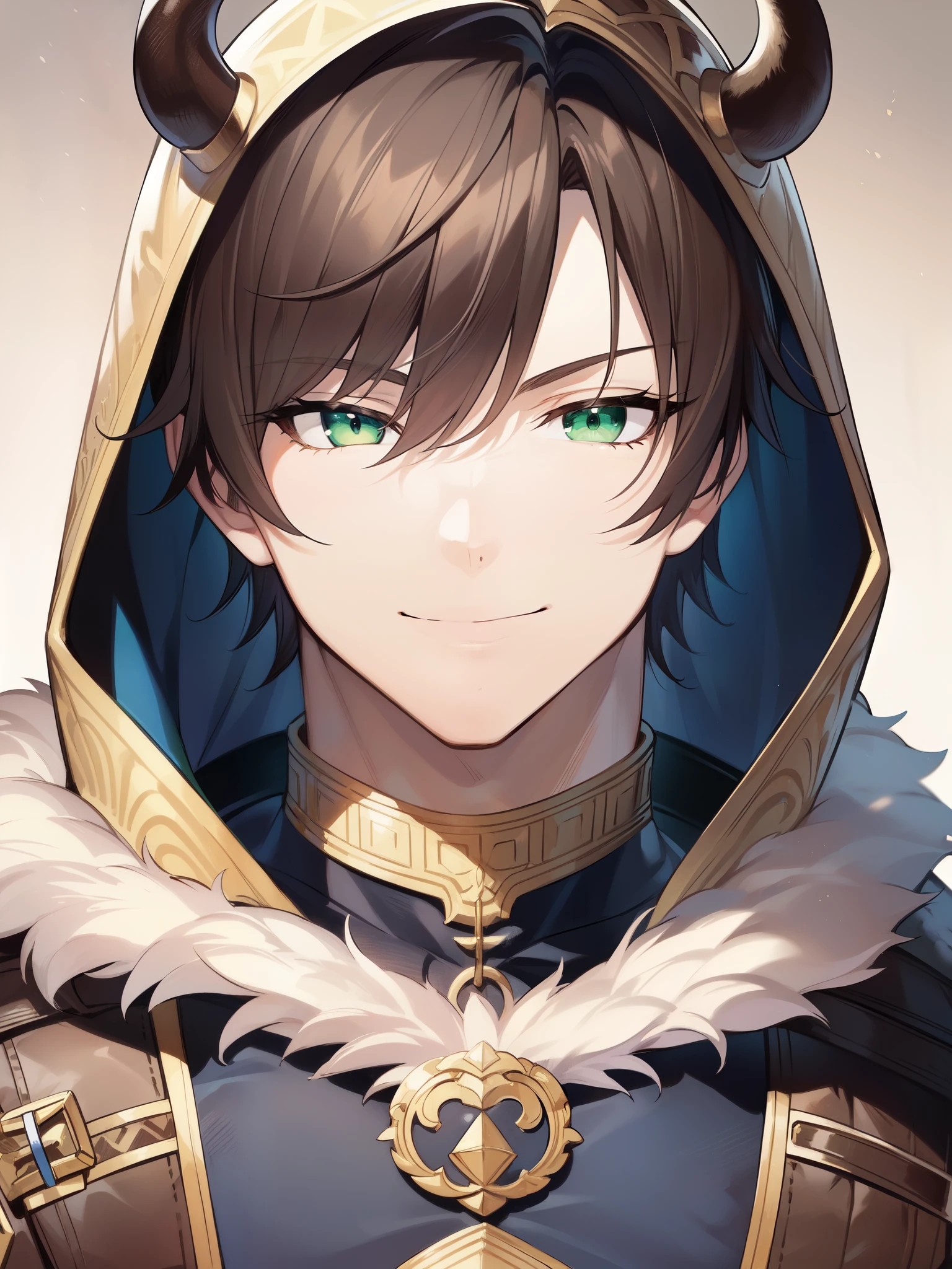 ((brown hair)), ((green eyes)), ((fair skin)), ((short hair)), ((cheerful expression)), ((beast tamer)), ((fur trim clothing)), ((fantasy clothing)), ((mature male)), ((hood over head)), ((complementary colors)), 1boy, beautifully drawn, high resolution illustration, best quality, High definition, ((detailed anime sketch)), Masterpiece, (solo), absurdres, portrait, ((upper body)), ((close-up)), ((short hair)), detailed background, fine detail, male focus, HDR,
