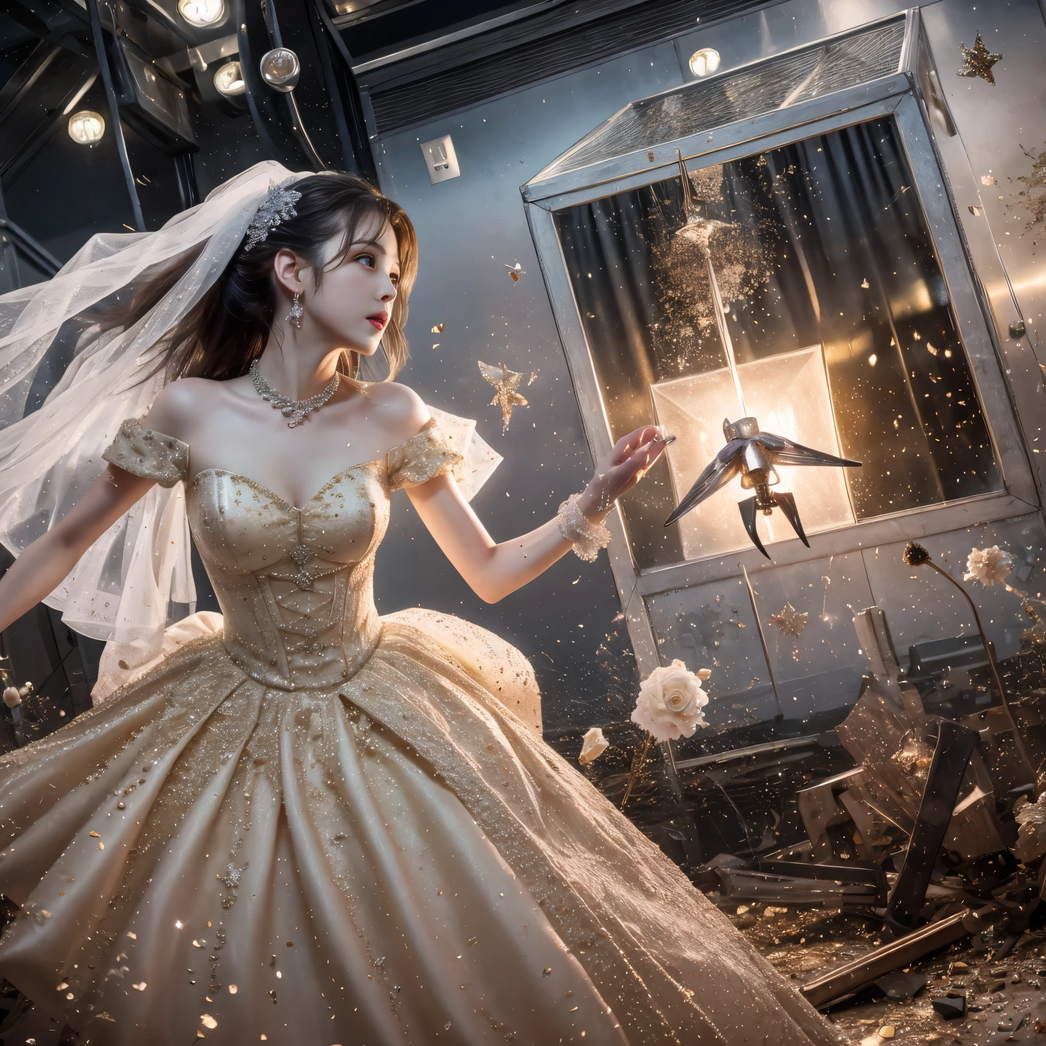 (RAW photo:1.2), (realistic), beautiful detailed girl, very detailed eyes and face, beautiful and detailed eyes, huge file size, High resolution, very detailed, highest quality, [table top:1.6], shape, very detailed, small details, highest quality, 8k wallpaper, movie lighting,Woman in wedding dress, Mysterious cube-shaped flying object, Destroyed world, Fleeing Woman, fight bravely, Desolate world, running, White wedding dress, disaster々new cube, look of fear, slender body, young face, immature body, feet exposed, white high heels