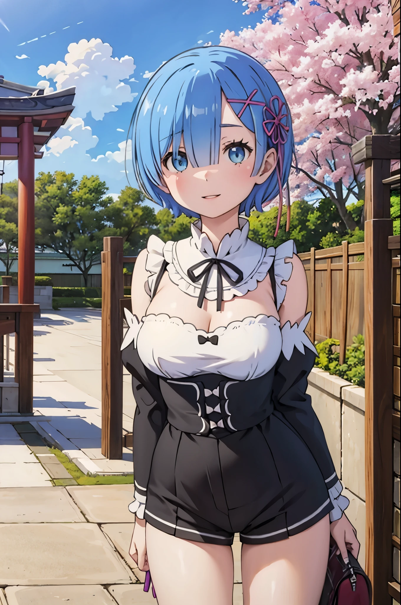 1 girl, rem re: zero, sensual body, sexy girl, wearing shorts, tight vinyl shirt, big breasts, delicate face, short hair, blue hair beautiful smile, cherry blossom background, Japan temple background