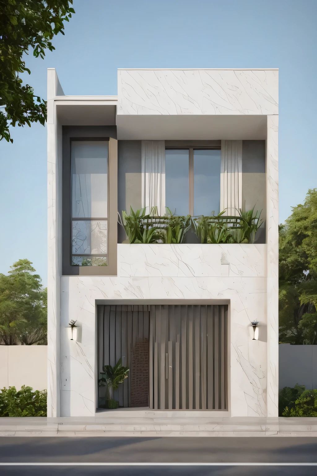 a drawing of a building with a planter on the side of it, street elevation, elevation view, front elevation view, front elevation, 3d side view, building facing, architectural section, high detail drawing, flat drawing, architectural plan, orthographic front view, accurately drawn details, architectural drawing, 3 d render, complete house, side elevation, front-view, (Main rolling door :1), (Second floor window:1) , Marble decoration, (circular glass railing) , a road in front of house,