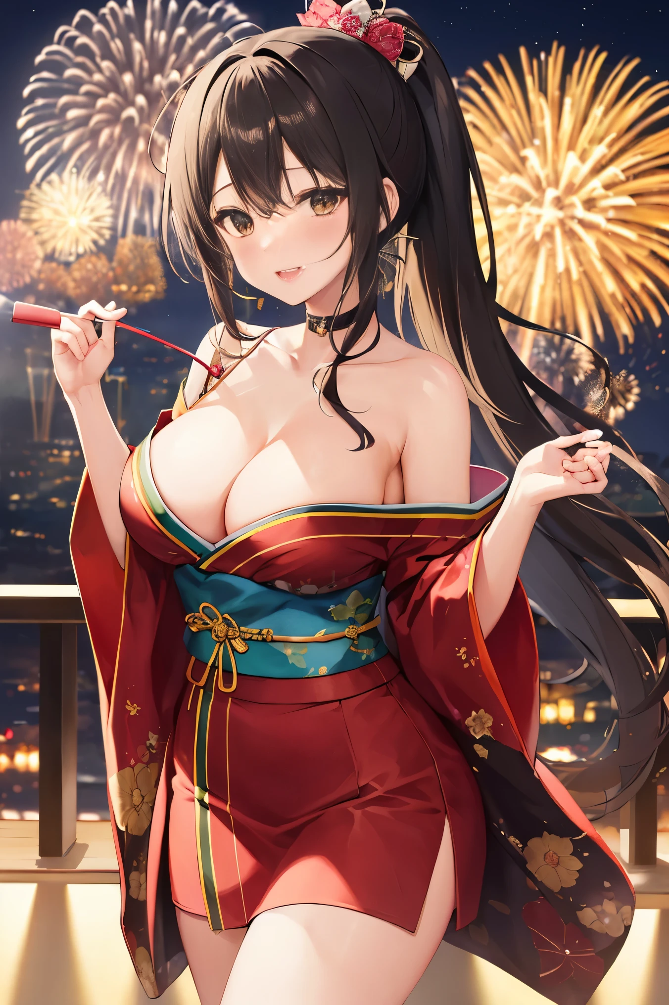 "anime girl, 1 person, dark brown hair, ponytail, ponytail, hairpin, brown eyes, kimono, dark brown kimono, elaborate patterned outfit, stockings, large breasts, blushing  , solo, view from different directions, night, festival, New Year's Eve fireworks, watch fireworks (full HD Image 4K+)"
