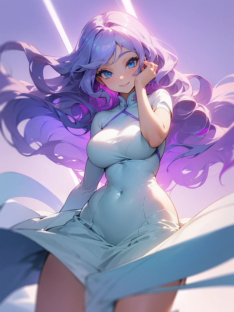 ((I want a woman alone, curvy and beautiful body, light blue eyes and light purple wavy hair without bangs, sharp look, smile on her face and wearing a beautiful dress))