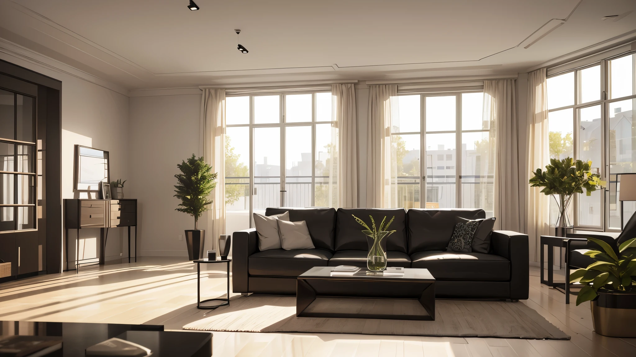 You are a famous interior designer、You have been asked to create a 3D image of a modern large room. Create a harmonious environment with modern and minimalist furniture. Including garden interior.