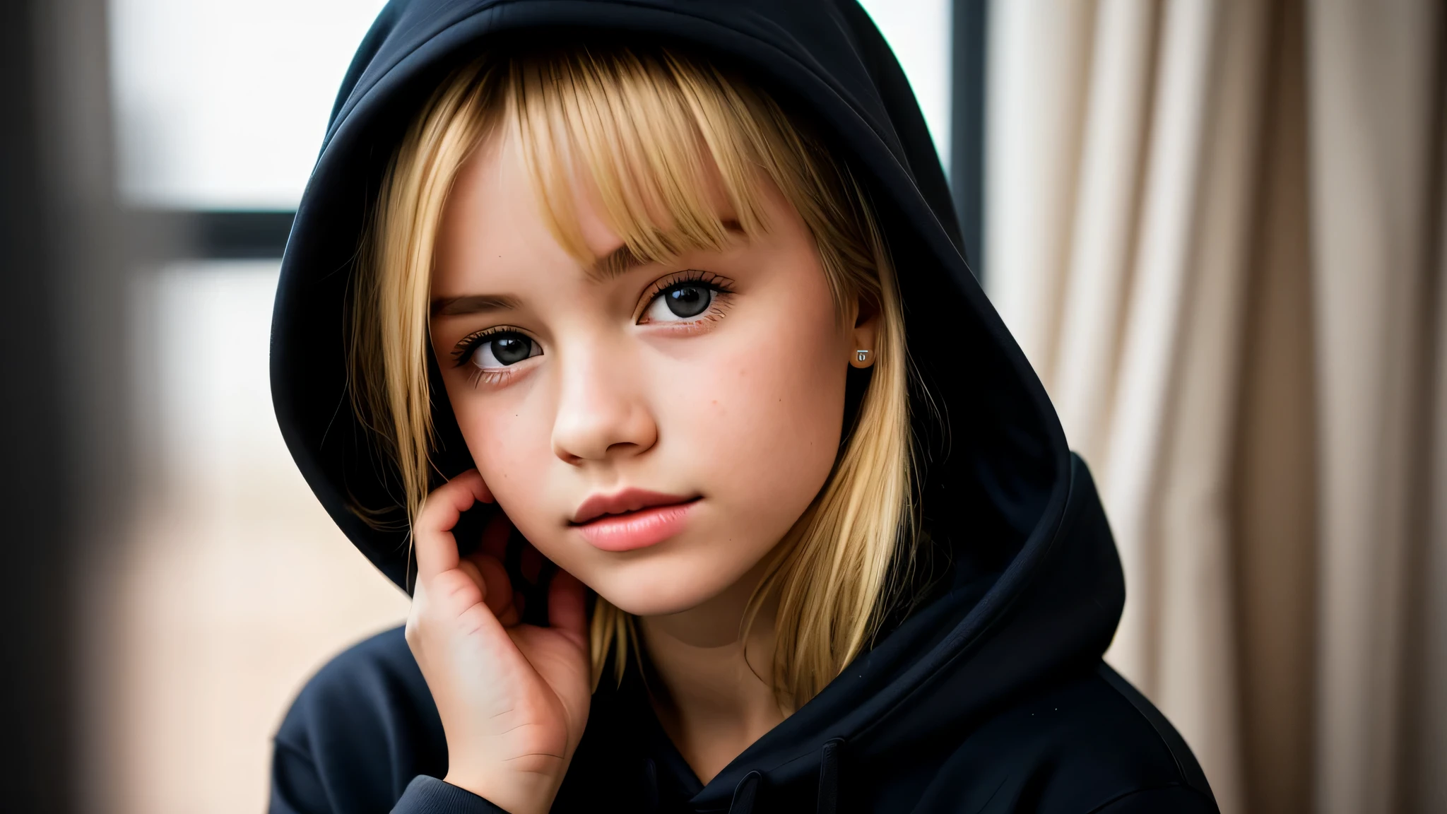 KIDS GIRL BLONDE in a black hoodie holding her head in her hands, KIDS girl wearing hoodie, in a black hoodie, close up portrait photo, gorgeous young model, in a hoodie, portrait black and white portrait, wearing a black hoodie
