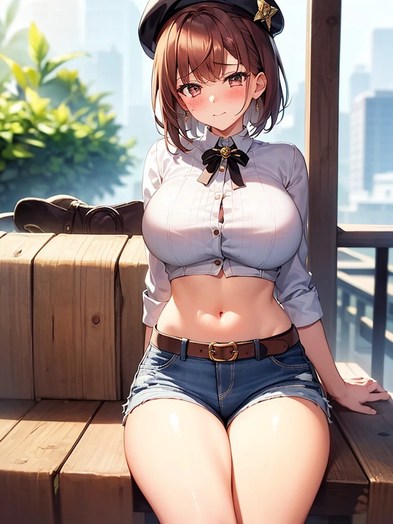 ((blush:1.2)), 1 girl, beret, ((white shirt)), denim shorts, over the knee boots, Look like you&#39;re about to cry, thighs, ((long slender legs)), ((thin waist)), huge breasts,  cowboy shot, Close your legs, movement is small, Beautiful woman