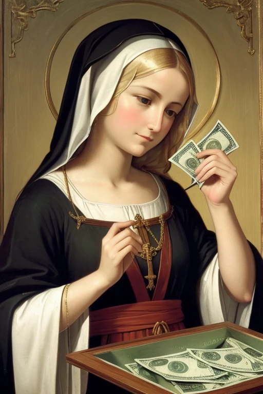 Produce a religious catolic painting of Our Lady of Money with blonde hair holding a lot of money.