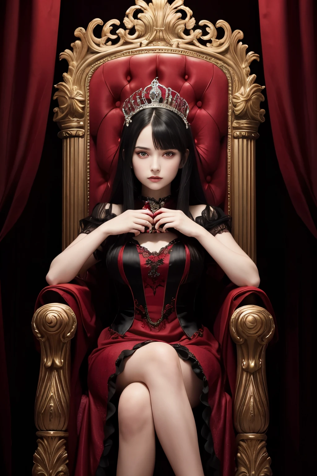 1 girl sitting on a throne, deep red eyes, black hair, red wine dress, contains a name "Alice", Fire background, prom theme