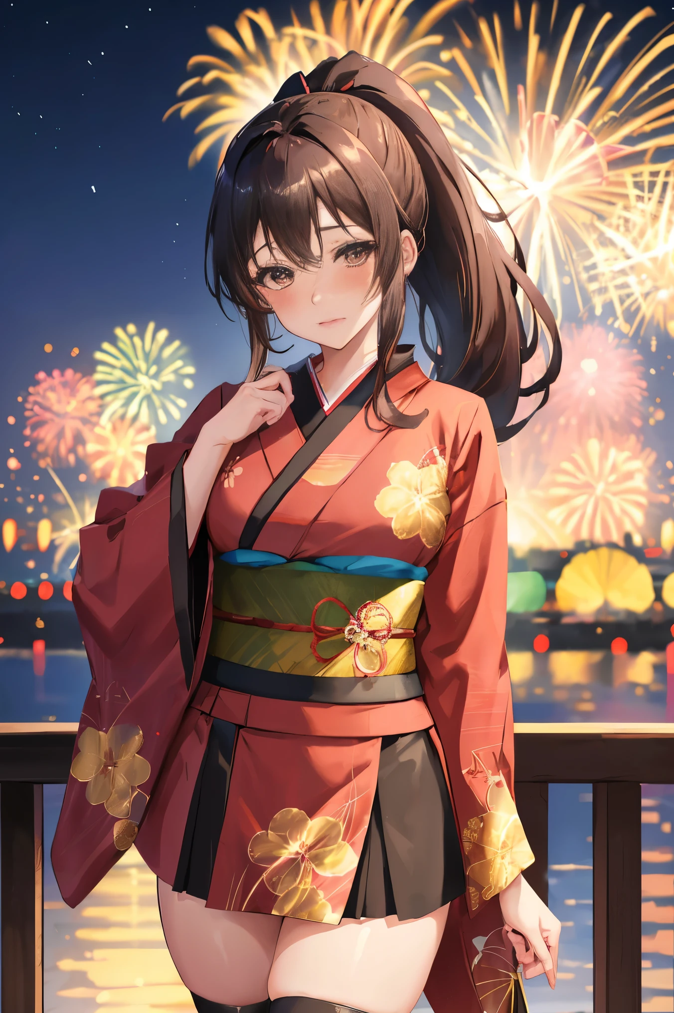 "anime girl, 1 person, dark brown hair, ponytail, ponytail, hairpin, brown eyes, kimono, dark brown kimono, elaborate patterned outfit, stockings, large breasts, blushing , solo, view from different directions, night, festival, New Year's Eve fireworks, watch fireworks (full HD Image 4K+)"