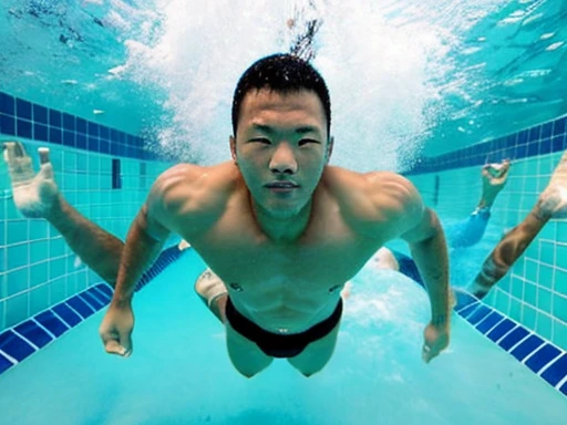 Full body image of a Japanese man、male student、Men&#39;s swimming club member、Male life saving club member、Men&#39;s water polo club members、Shaved Head Man、Dark-skinned man、muscular man、man sinking in the bathtub、man sinking at the bottom of the pool、man sunk to the bottom of water、A man wearing a skin-tight black speedo swimsuit、A young man sinking with his eyes open、Young man sinking with his mouth open、Man lying on his back、A man with a surprised expression、A man with a sad expression、strangled man、man being suffocated、Full body image of a man submerged in water、A man participating in a swimming competition、competitive swimming man、swimming school men、male swimming instructor、one man、male player、A man wearing nothing on his upper body、A man pretending to be murdered、male actor playing a corpse、The man who plays the role of being killed underwater、Suspense drama、mystery drama、Underwater perspective、perspective from below、A young man opens his eyes and plays the role of a corpse.、The whole body is visible