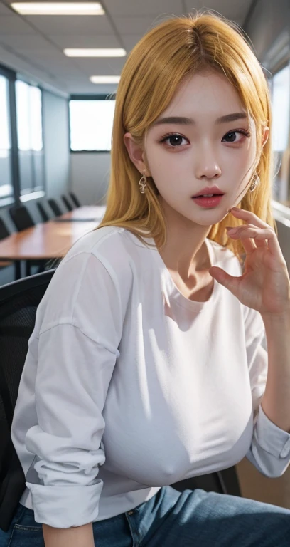 Best Quality Detail:1.2, realisitic, 8K UHD, hight resolution, 1girl in:1.2, The ultra-detailliert, High quality textures, intricate detailes, detaileds, Very detailed CG, High quality shadows, Detail Beautiful delicate face, Detail Beautiful delicate eyes, depth of fields, Ray traching, masterpiece, best quality,ulzzang -6500-v1.1:0.6, pureerosface_v1, Pretty Kpop Girl, Korean Urzan Face:1.1, milf, 28 year old woman,long neon yellow hair,shiny_skin,thin_waist,huge breasts, polka_dots_midi_shirt,socks,converse, night, 4K 8K UHD Full Color RAW Photos, Fuji Film(Medium format:1.2), Hasselblad:1.2, Carl zeiss:1.1, Incredible dynamic range photography(UTIL_Art by Smoose-768:1.1), hight resolution, High pixel count, clear details, crisp image, Natural color reproduction, Noise Reduction, High fidelity, qulity, Software Improvements, Upscaling, Optimized algorithms, Pro-level retouching,crowd:1.1,depth of field,looking at viewer,random pose at the office meeting room,random pose, office meeting room atmosphere,
