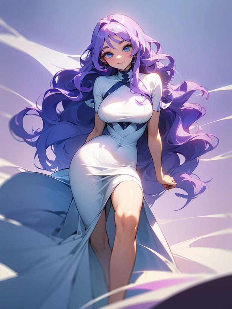 ((I want a woman alone, curvy and beautiful body, light blue eyes and light purple wavy hair without bangs, sharp look, smile on her face and wearing a beautiful dress))