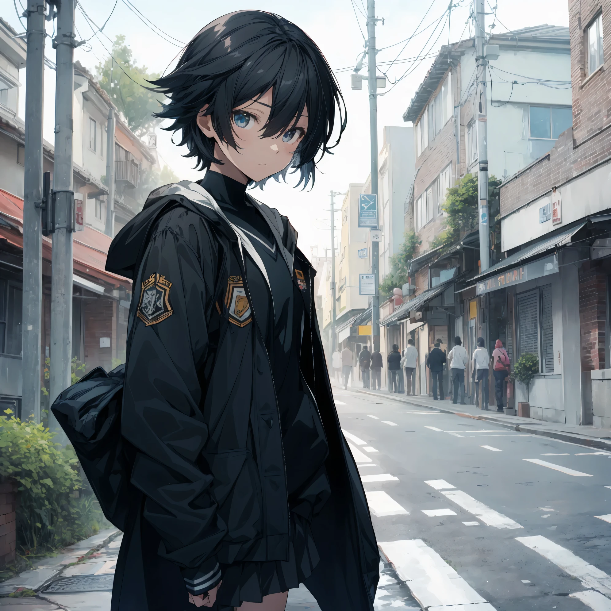 Super high quality by the art god, super detailed, High resolution, Shinkai Makoto style, anime moe art style, best anime 8K konachan wallpaper, pixiv contest winner, perfect anatomy, break,(眠そうにalone学校へ行く女の子を描いてください. ),break, surreal high school girl, (alone,lolita, , 13 years old:1.3),All limbs, full finger,, androgynous charm, (very short hair), messy hair, flat chest, , small ass, between legs, Small black eyes,hanme,beautiful and fine eyes, Well-proportioned iris and pupils, High resolutionの詳細な髪, wearing school uniform, (skirt), On the way to school. break,super dense skin, Best lighting by famous artists, 8K, figure,