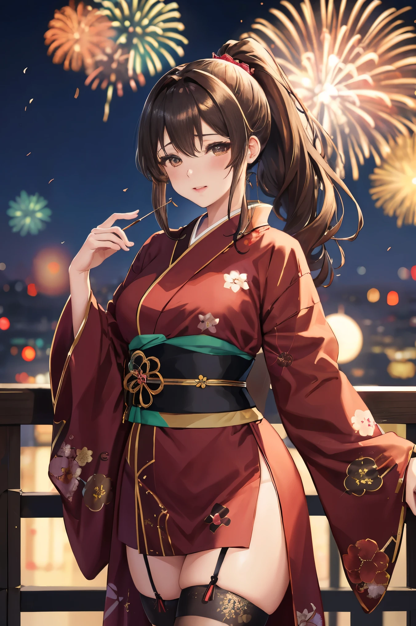 "anime girl, 1 person, dark brown hair, ponytail, ponytail, hairpin, brown eyes, kimono, dark brown kimono, elaborate patterned outfit, stockings, large breasts, blushing  , solo, view from different directions, night, festival, New Year's Eve fireworks, watch fireworks (full HD Image 4K+)"