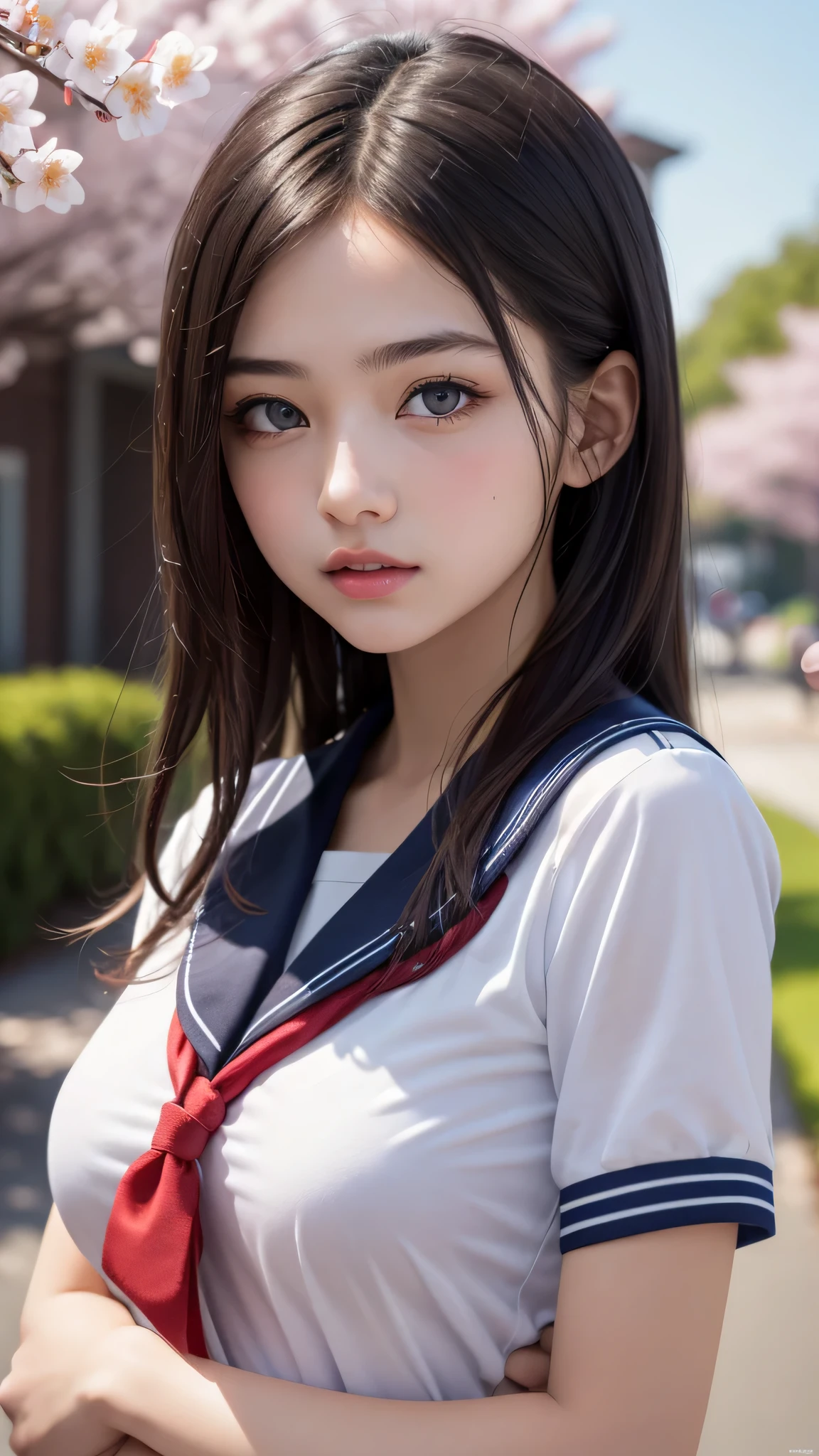 (1young girl), Amazing face and eyes, (amazingly beautiful girl), (Best Quality:1.4), (Ultra-detailed), (extremely detailed CG unified 8k wallpaper), Highly detailed, High-definition raw color photos, Professional Photography, sailor uniform, school uniform, School, Spring, cherry blossoms,