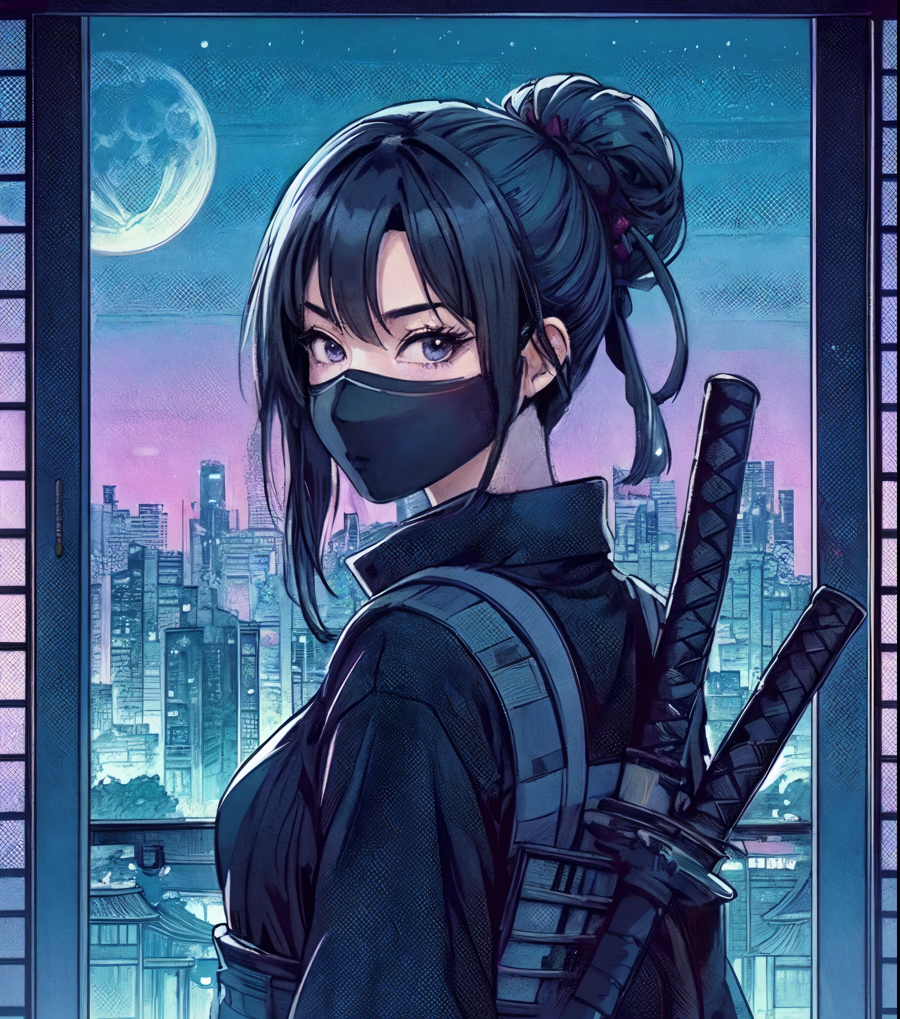 1lady solo, (looking back) (from behind), kunoichi (ninja outfit:1.2) (mask:1.1), (katana sword), mature female, /(black hair/) bangs, cool expression, (masterpiece best quality:1.2) delicate illustration ultra-detailed, medium breasts BREAK (vaporwave:1.2), (vaporwave aesthetic), (vaporwave-toned background) BREAK (Japanese room) indoors, (shoji screens:1.2), moon moonlight, cityscape, detailed background