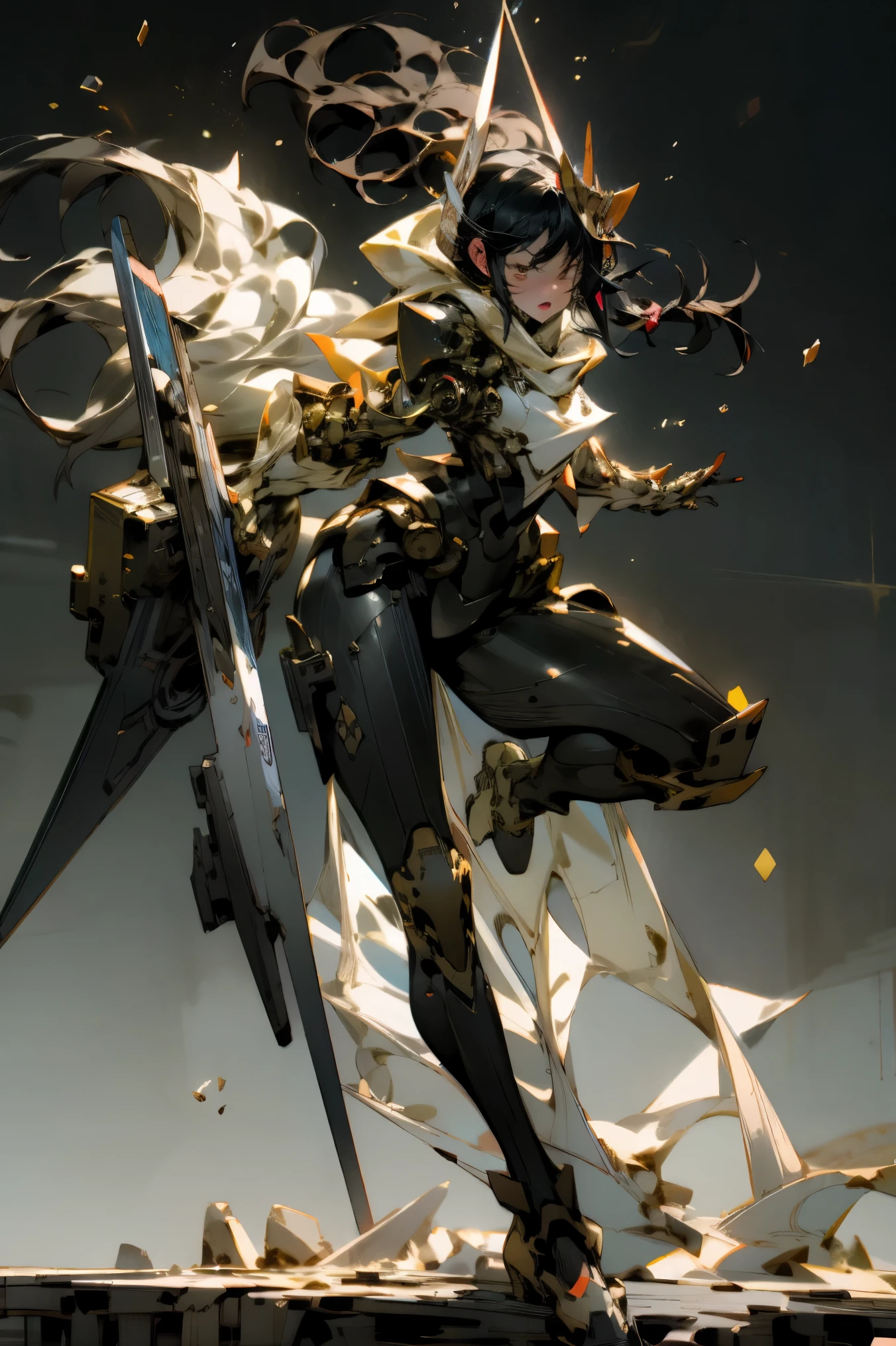 ((best quality)), ((masterpiece)), (Very detailed: 1.3), 3D, Ikaruvarkyri mecha, Beautiful cyberpunk woman wearing a crown, Comes with chef style armor, Sci-fi technology, human development report (high dynamic range), Ray tracing, NVIDIA RTX, super resolution, Unreal 5, subsurface scattering, PBR texture, post processing, Anisotropic filtering, depth of field、, Maximum clarity and sharpness, multi-layer texture, Specular and albedo mapping, surface coloring, Accurately simulate the interaction of light with materials, Perfect proportion, Octagon rendering, Two-tone lighting, Low ISO, white balance, rule of thirds, Large aperture, 8K original, High efficiency sub-pixel, sub-pixel convolution, light particles, light scattering, Tyndall effect, Very sexy, whole body, fighting stance, black hair braid,